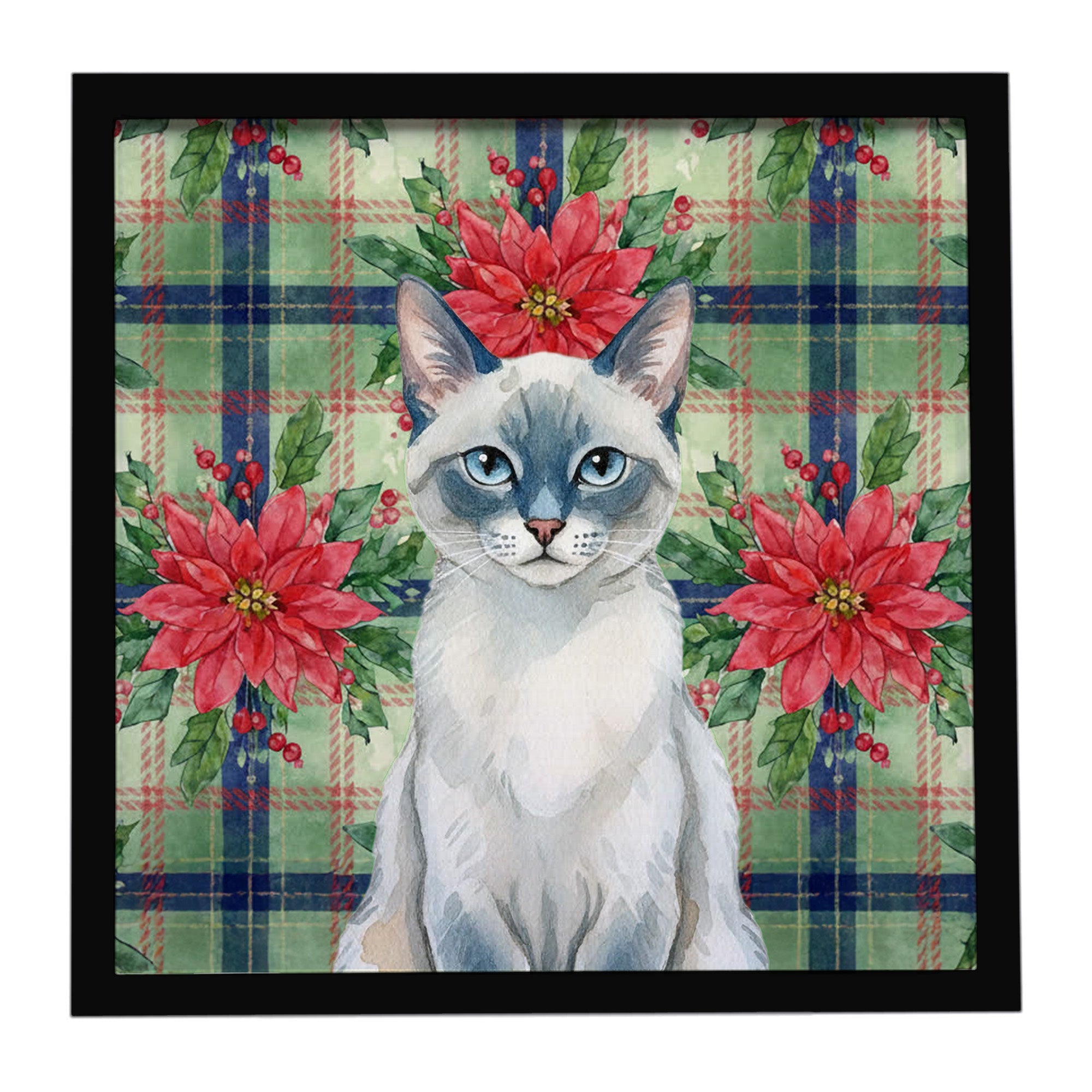 Blue Point Cat with Poinsettias Framed Metal Print Bathroom, Kitchen, Office, Home Decor Wall Art Ready to Hang, Square, 8X8
