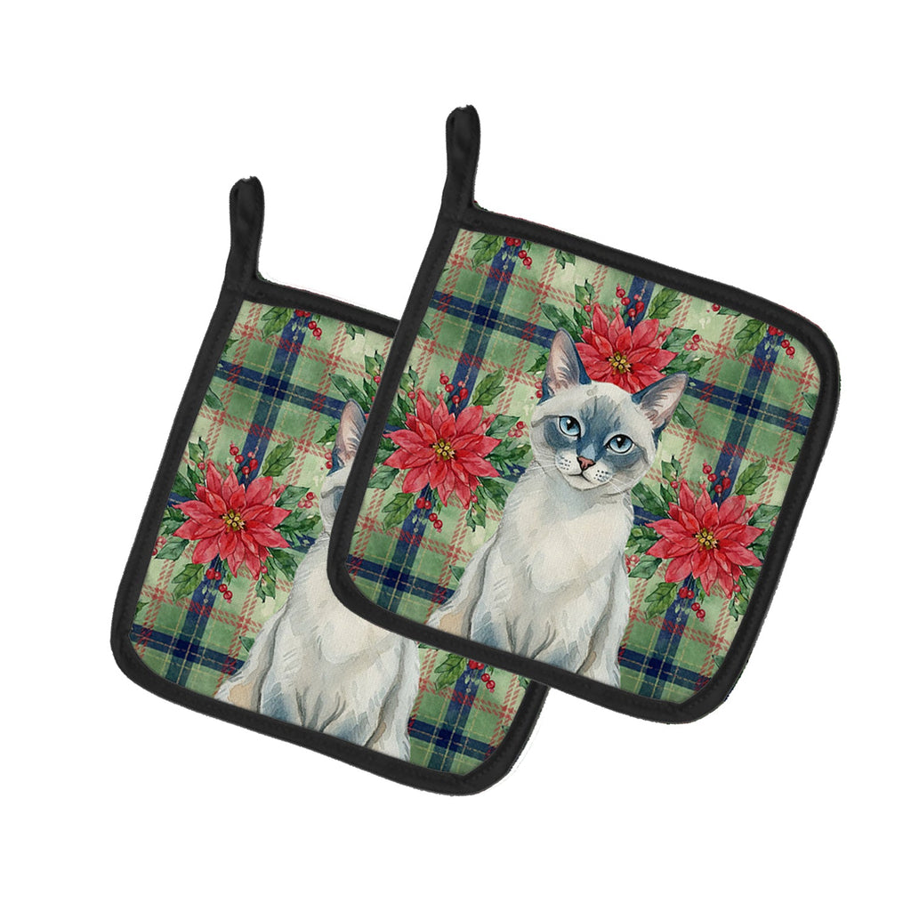 Blue Point Cat with Poinsettias Pot Holder Set of 2 Heat Resistant Quilted Hot Pads 7.5 x 7.5 Inch, Insulated Kitchen Trivets for Cooking & Baking