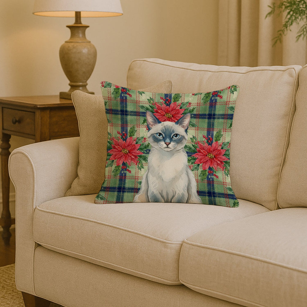 Blue Point Cat with Poinsettias Decorative Throw Pillow 14x14 Indoor Outdoor Accent Cushion, Fabric Cover with Insert for Sofa, Bed, Porch & Living Room