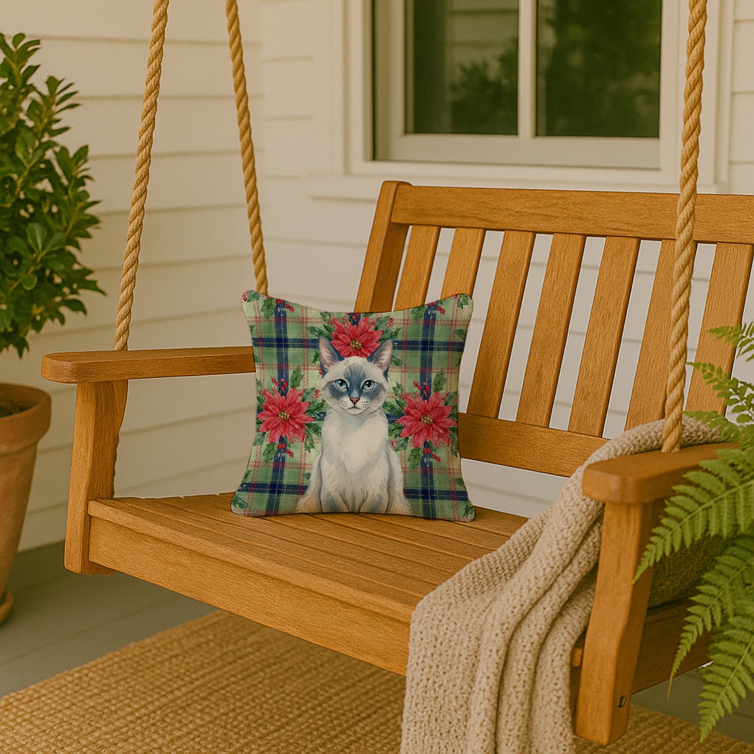 Blue Point Cat with Poinsettias Decorative Throw Pillow 14x14 Indoor Outdoor Accent Cushion, Fabric Cover with Insert for Sofa, Bed, Porch & Living Room