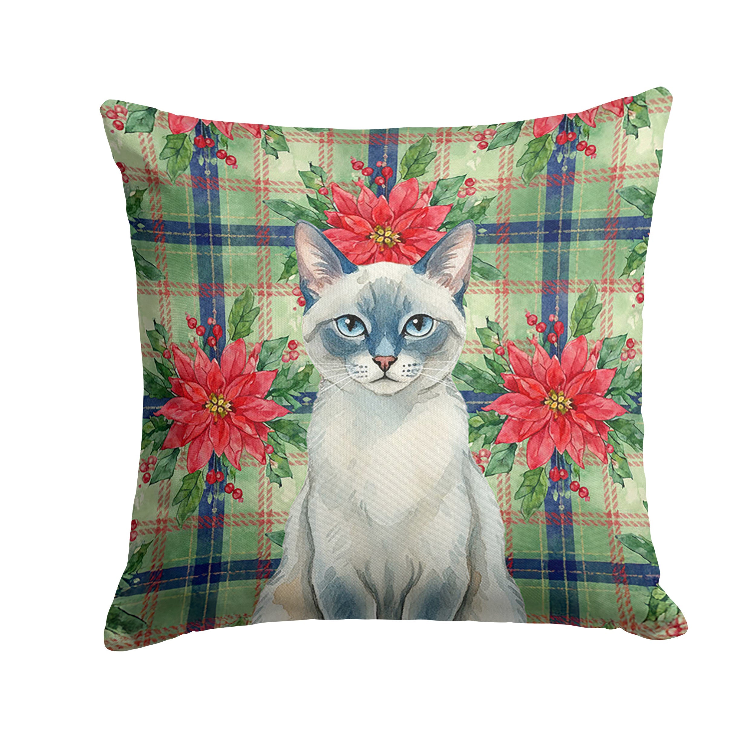 Blue Point Cat with Poinsettias Decorative Throw Pillow 18x18 Indoor Outdoor Accent Cushion, Fabric Cover with Insert for Sofa, Bed, Porch & Living Room