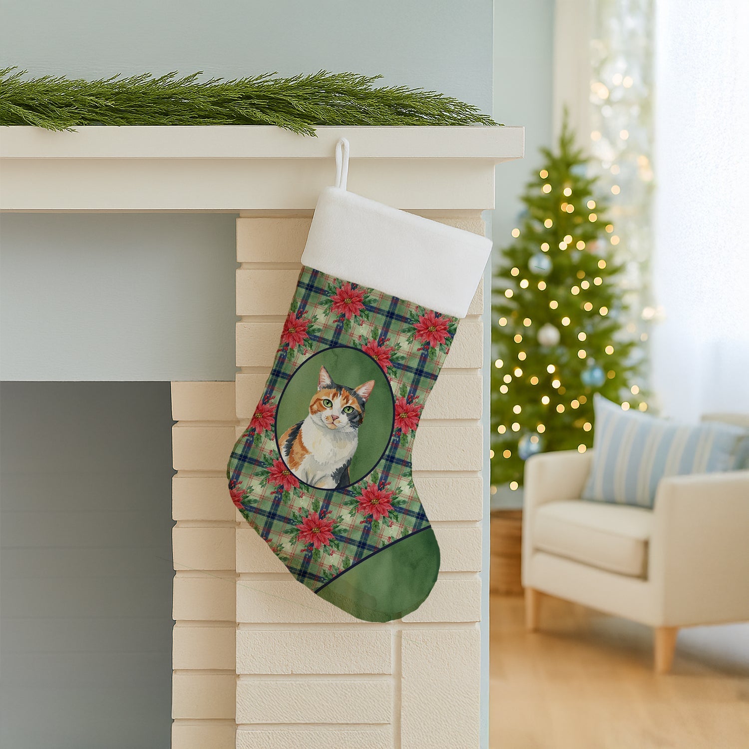 Calico Cat with Poinsettias Holiday Stocking Double-Sided Print, Polyester Suede,11x18, Made in USA