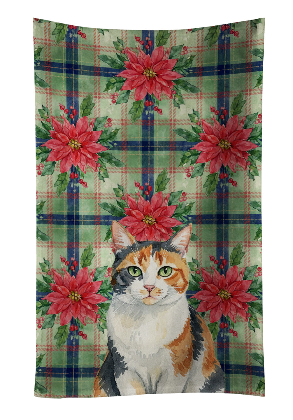 Calico Cat with Poinsettias Kitchen Towel Velour Plush Front and Cotton Loop Back Machine Washable
