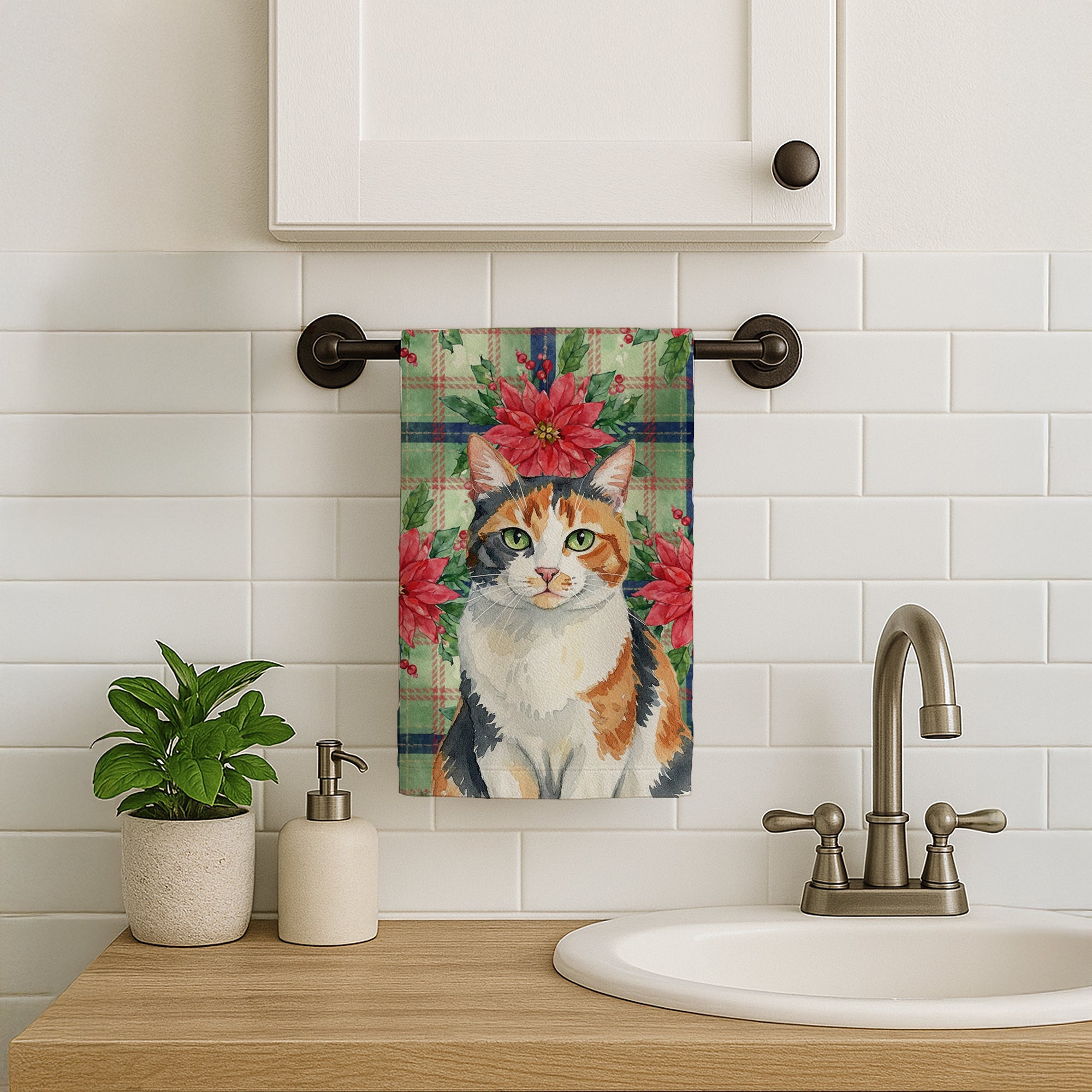Calico Cat with Poinsettias Kitchen Towel Velour Plush Front and Cotton Loop Back Machine Washable