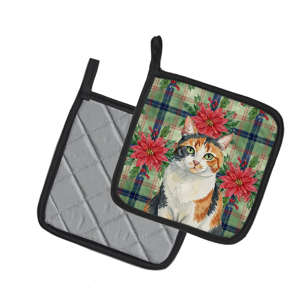 Calico Cat with Poinsettias Pot Holder Set of 2 Heat Resistant Quilted Hot Pads 7.5 x 7.5 Inch, Insulated Kitchen Trivets for Cooking & Baking