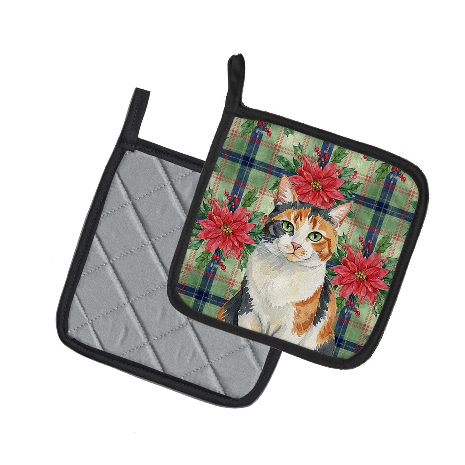 Calico Cat with Poinsettias Pot Holder Set of 2 Heat Resistant Quilted Hot Pads 7.5 x 7.5 Inch, Insulated Kitchen Trivets for Cooking & Baking