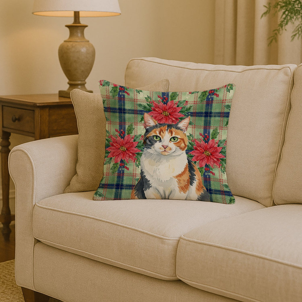 Calico Cat with Poinsettias Decorative Throw Pillow 14x14 Indoor Outdoor Accent Cushion, Fabric Cover with Insert for Sofa, Bed, Porch & Living Room