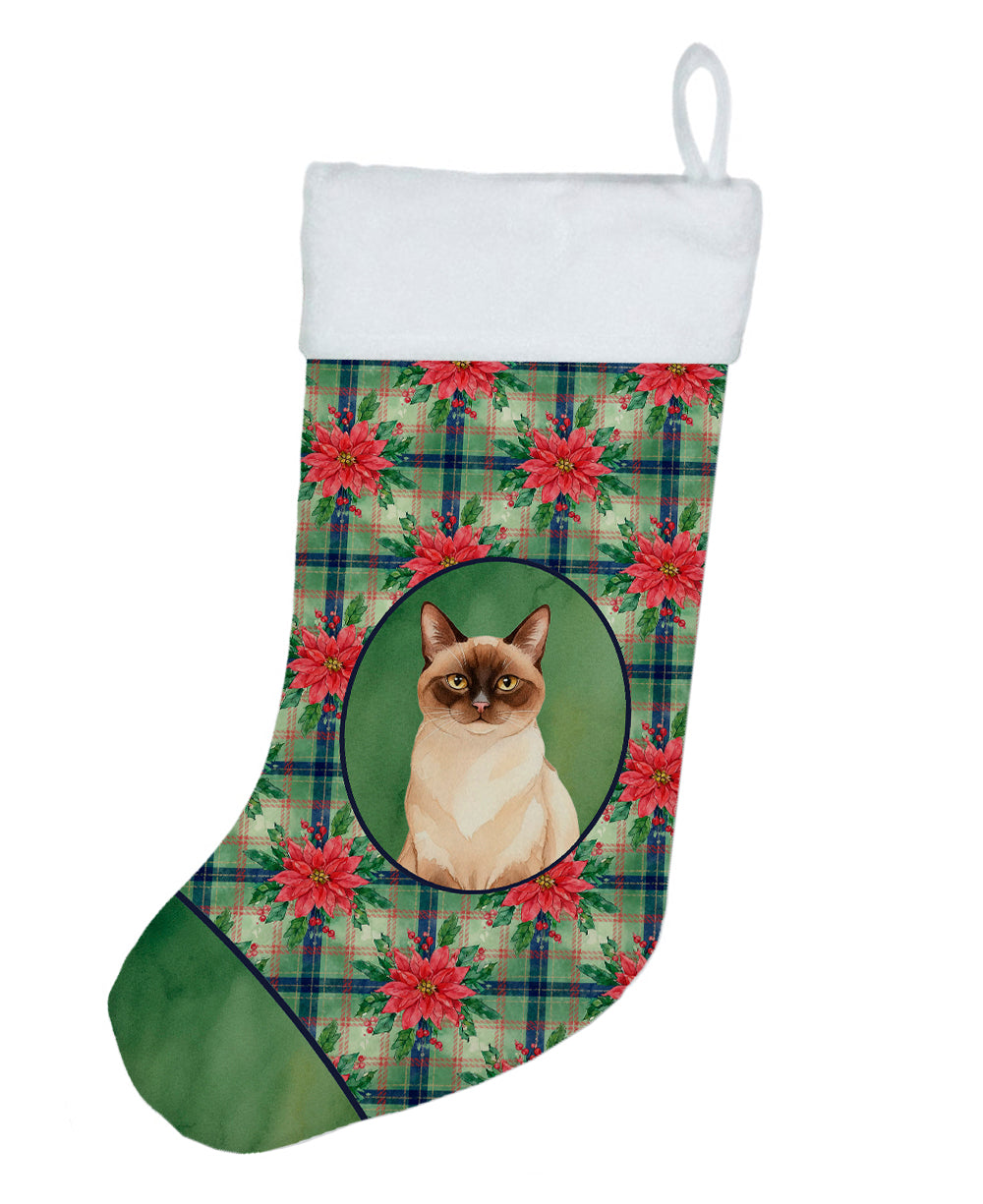 Chocolate Point Cat with Poinsettias Holiday Stocking Double-Sided Print, Polyester Suede,11x18, Made in USA