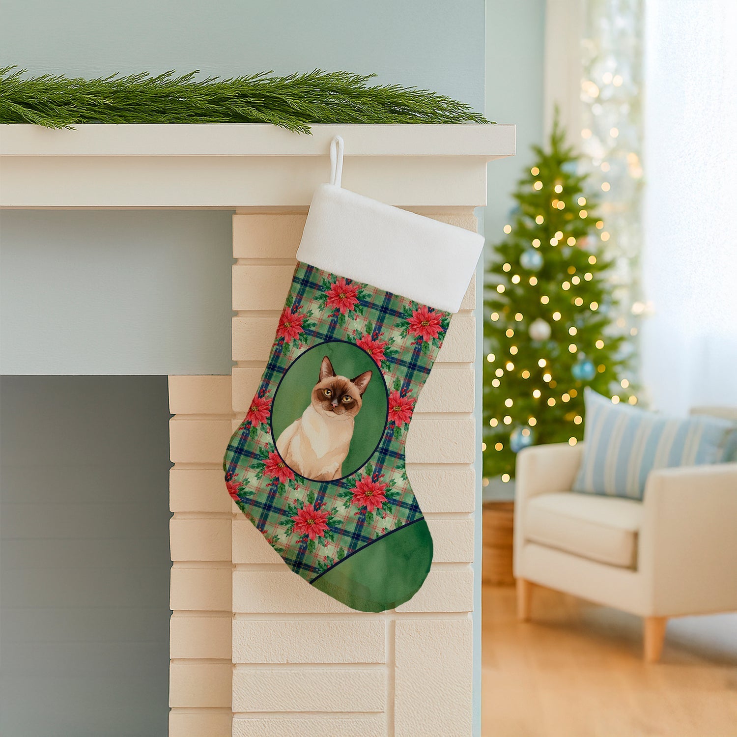 Chocolate Point Cat with Poinsettias Holiday Stocking Double-Sided Print, Polyester Suede,11x18, Made in USA