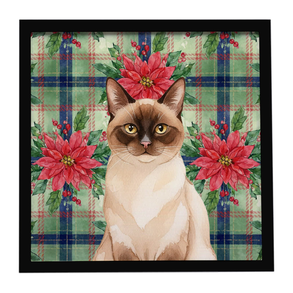 Chocolate Point Cat with Poinsettias Framed Metal Print Bathroom, Kitchen, Office, Home Decor Wall Art Ready to Hang, Square, 8X8
