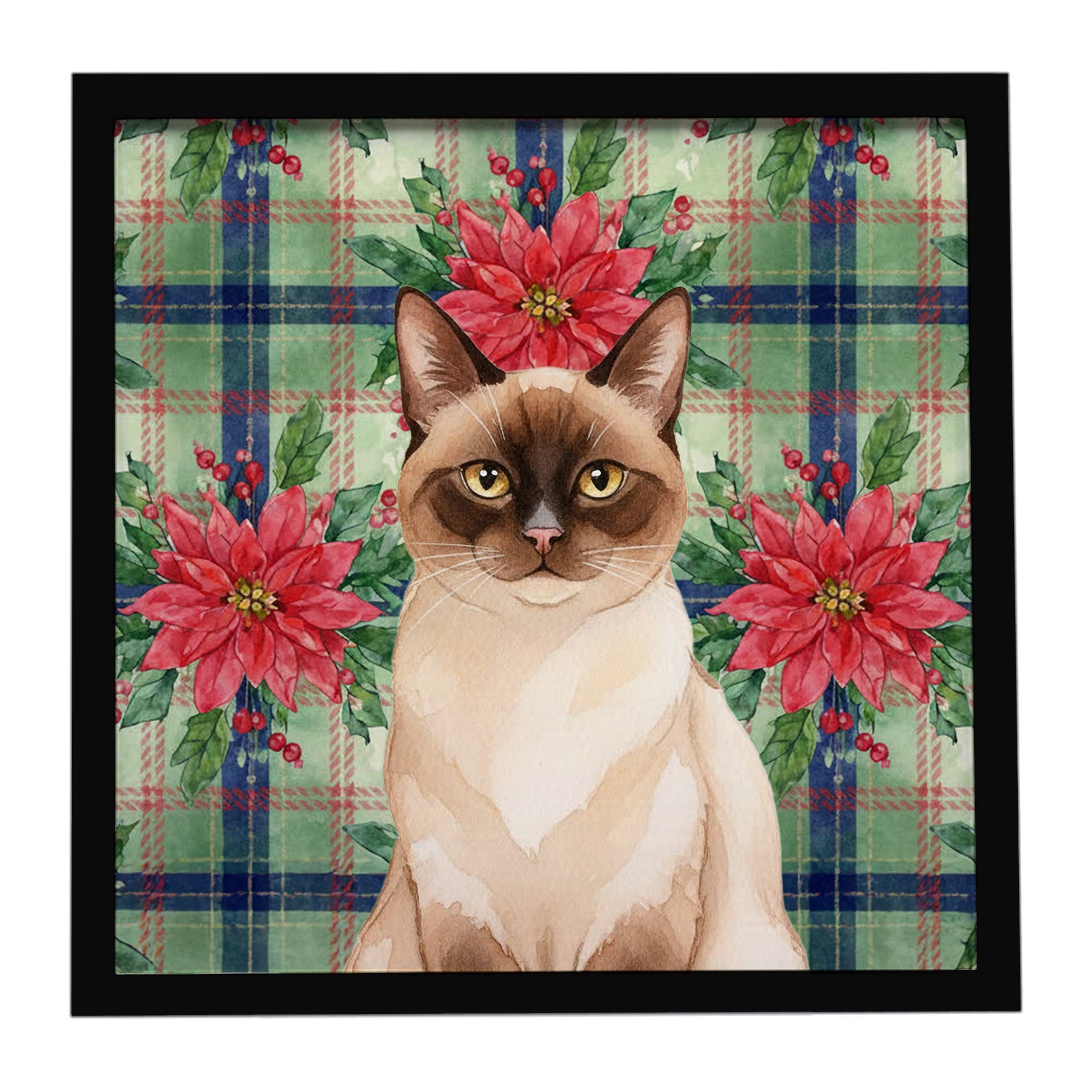 Chocolate Point Cat with Poinsettias Framed Metal Print Bathroom, Kitchen, Office, Home Decor Wall Art Ready to Hang, Square, 8X8