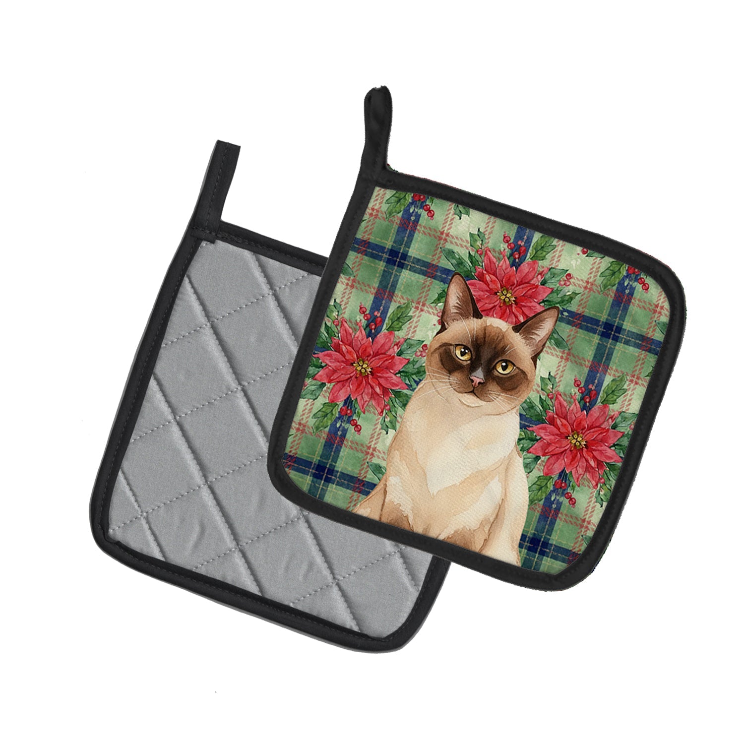Chocolate Point Cat with Poinsettias Pot Holder Set of 2 Heat Resistant Quilted Hot Pads 7.5 x 7.5 Inch, Insulated Kitchen Trivets for Cooking & Baking