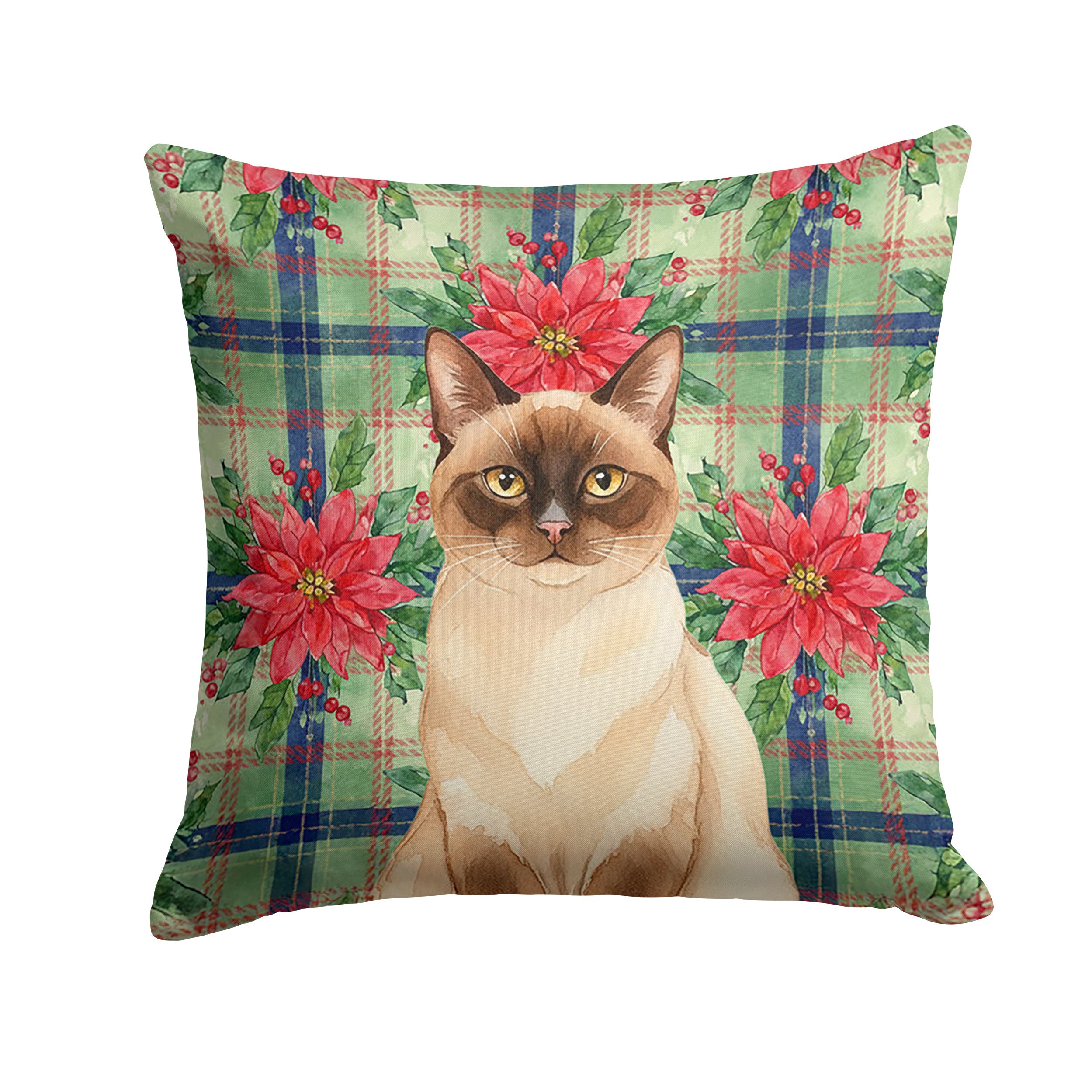 Chocolate Point Cat with Poinsettias Decorative Throw Pillow 14x14 Indoor Outdoor Accent Cushion, Fabric Cover with Insert for Sofa, Bed, Porch & Living Room