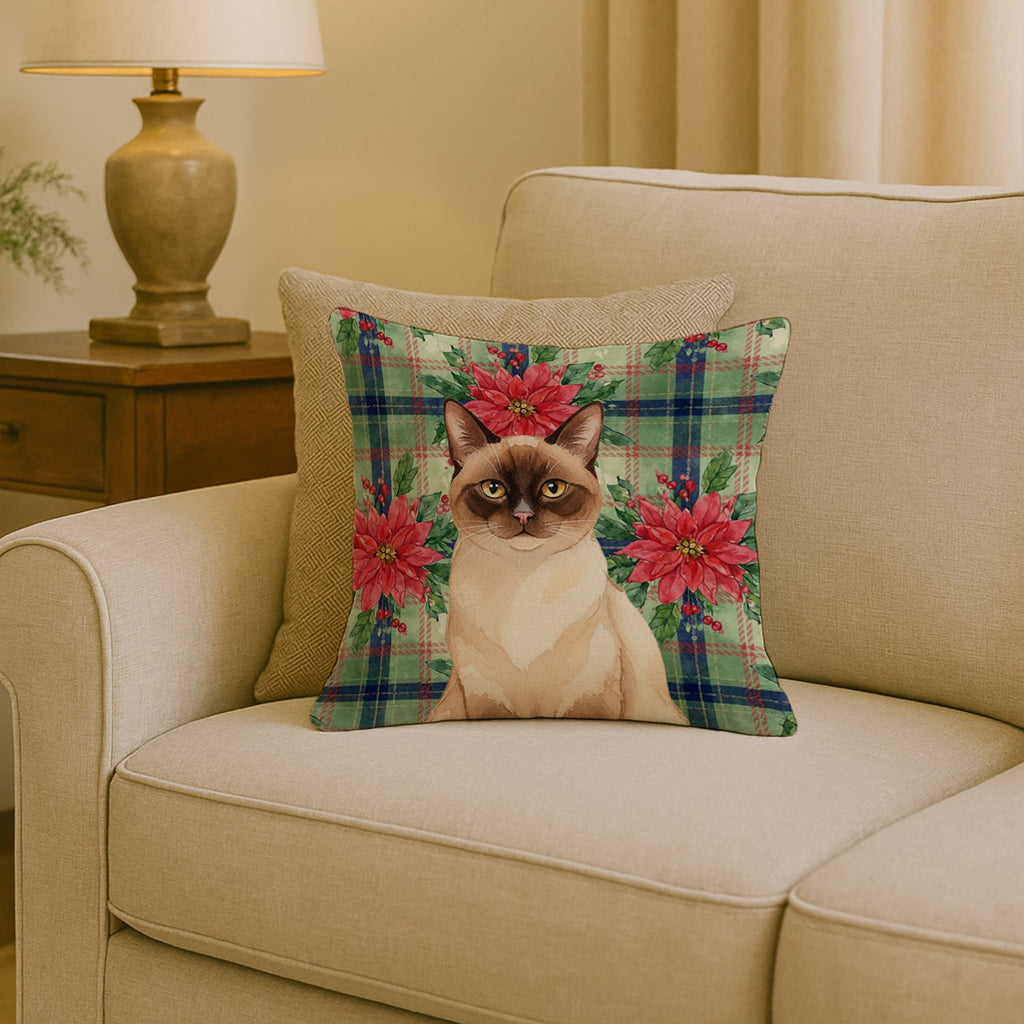Chocolate Point Cat with Poinsettias Decorative Throw Pillow 18x18 Indoor Outdoor Accent Cushion, Fabric Cover with Insert for Sofa, Bed, Porch & Living Room