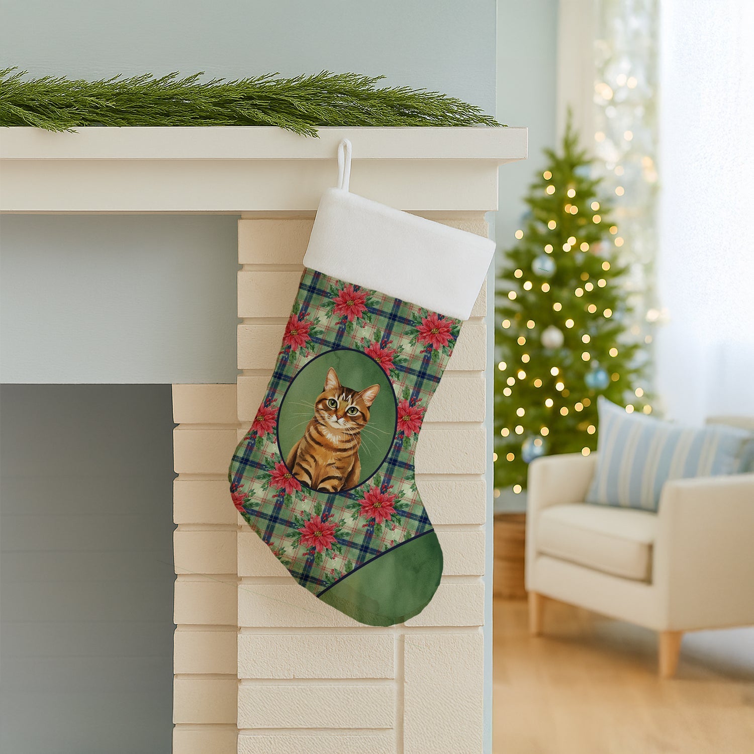 Classic Tabby Brown Cat with Poinsettias Holiday Stocking Double-Sided Print, Polyester Suede,11x18, Made in USA