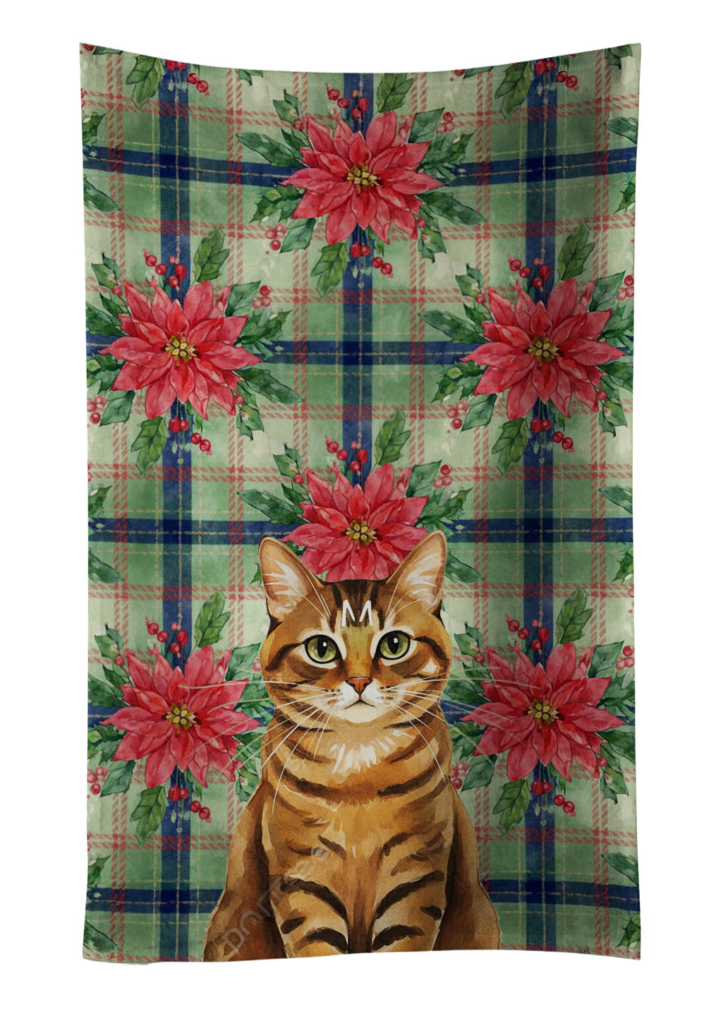 Classic Tabby Brown Cat with Poinsettias Kitchen Towel Velour Plush Front and Cotton Loop Back Machine Washable