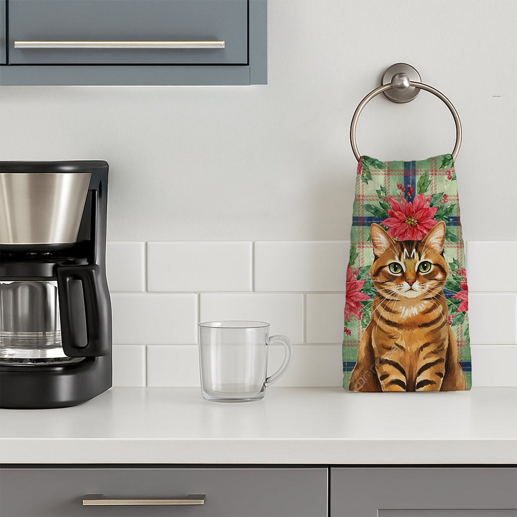 Classic Tabby Brown Cat with Poinsettias Kitchen Towel Velour Plush Front and Cotton Loop Back Machine Washable