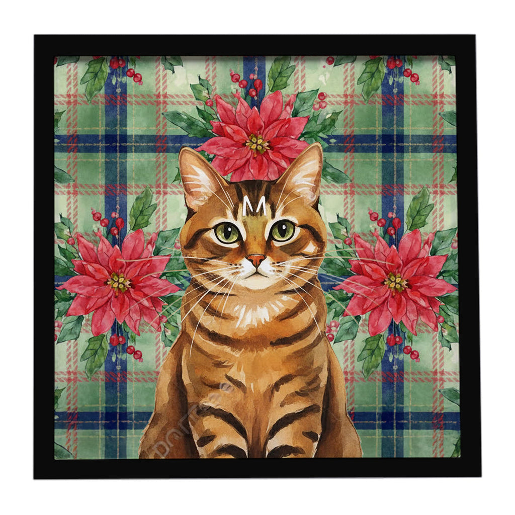 Classic Tabby Brown Cat with Poinsettias Framed Metal Print Bathroom, Kitchen, Office, Home Decor Wall Art Ready to Hang, Square, 8X8