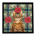 Classic Tabby Brown Cat with Poinsettias Framed Metal Print Bathroom, Kitchen, Office, Home Decor Wall Art Ready to Hang, Square, 8X8