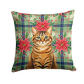 Classic Tabby Brown Cat with Poinsettias Decorative Throw Pillow 14x14 Indoor Outdoor Accent Cushion, Fabric Cover with Insert for Sofa, Bed, Porch & Living Room