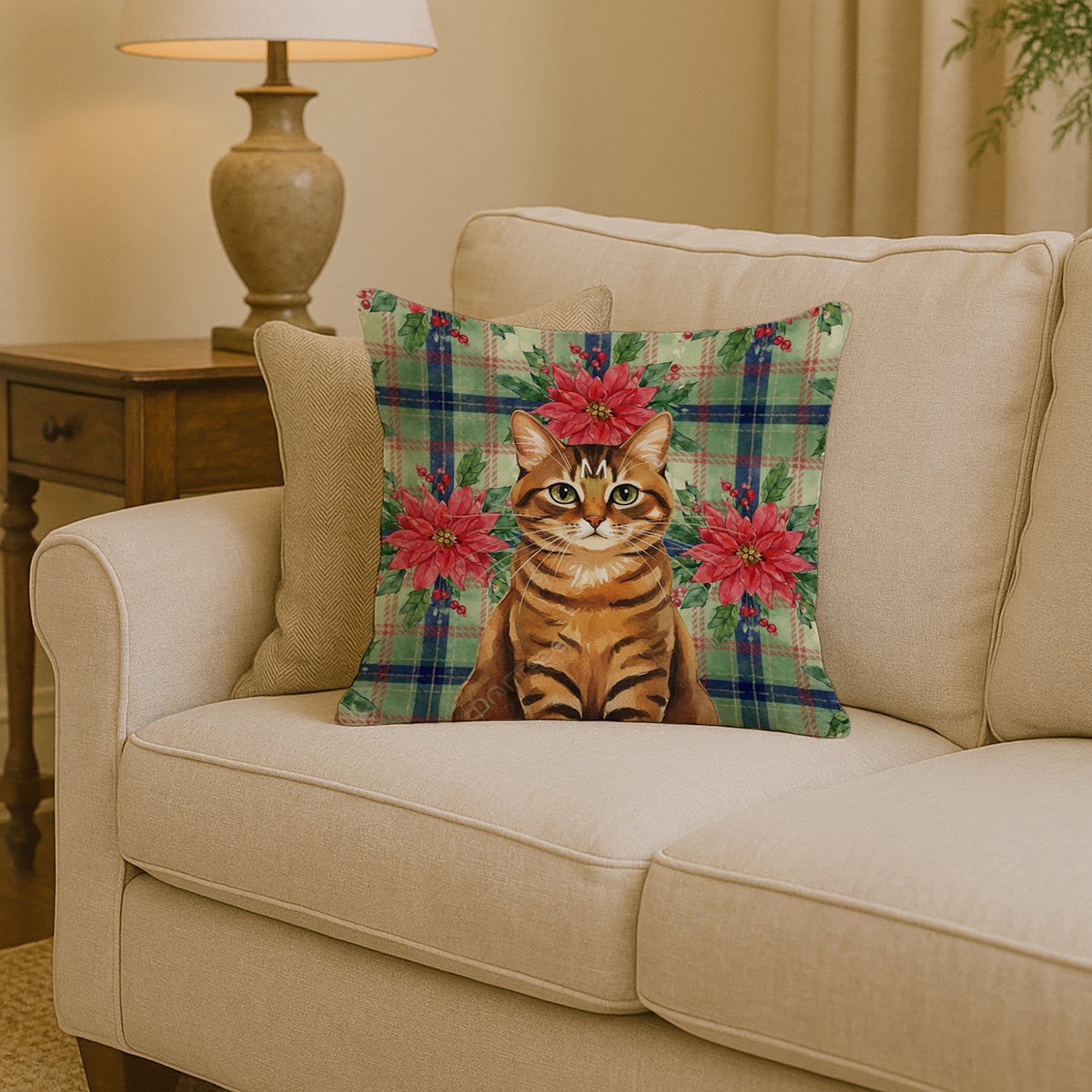 Classic Tabby Brown Cat with Poinsettias Decorative Throw Pillow 14x14 Indoor Outdoor Accent Cushion, Fabric Cover with Insert for Sofa, Bed, Porch & Living Room