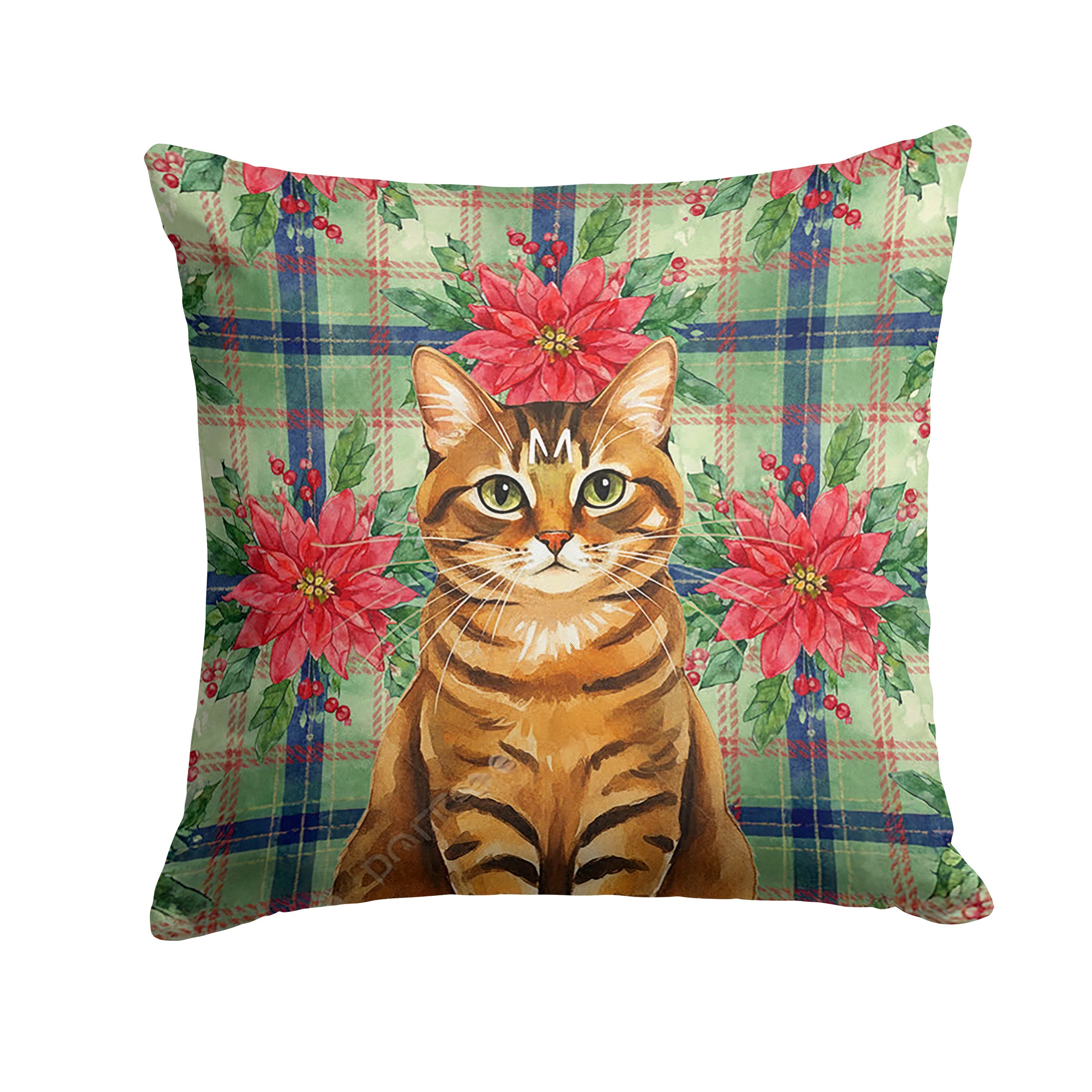 Classic Tabby Brown Cat with Poinsettias Decorative Throw Pillow 18x18 Indoor Outdoor Accent Cushion, Fabric Cover with Insert for Sofa, Bed, Porch & Living Room