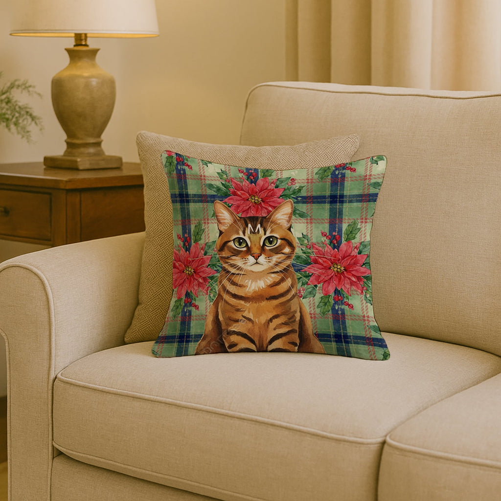 Classic Tabby Brown Cat with Poinsettias Decorative Throw Pillow 18x18 Indoor Outdoor Accent Cushion, Fabric Cover with Insert for Sofa, Bed, Porch & Living Room