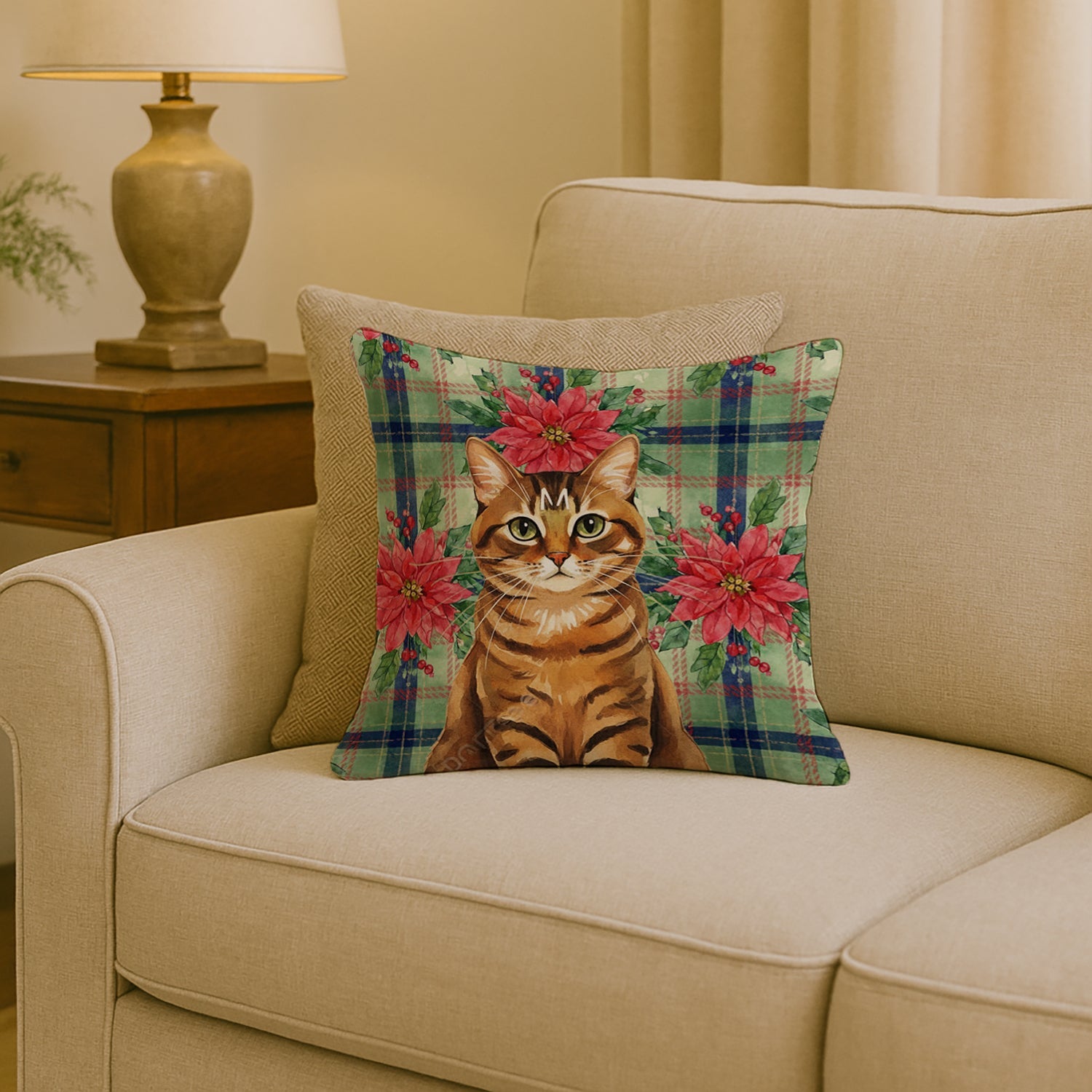 Classic Tabby Brown Cat with Poinsettias Decorative Throw Pillow 18x18 Indoor Outdoor Accent Cushion, Fabric Cover with Insert for Sofa, Bed, Porch & Living Room