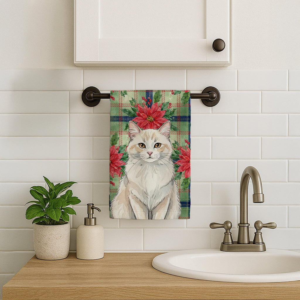 Cream and White Cat with Poinsettias Kitchen Towel Velour Plush Front and Cotton Loop Back Machine Washable