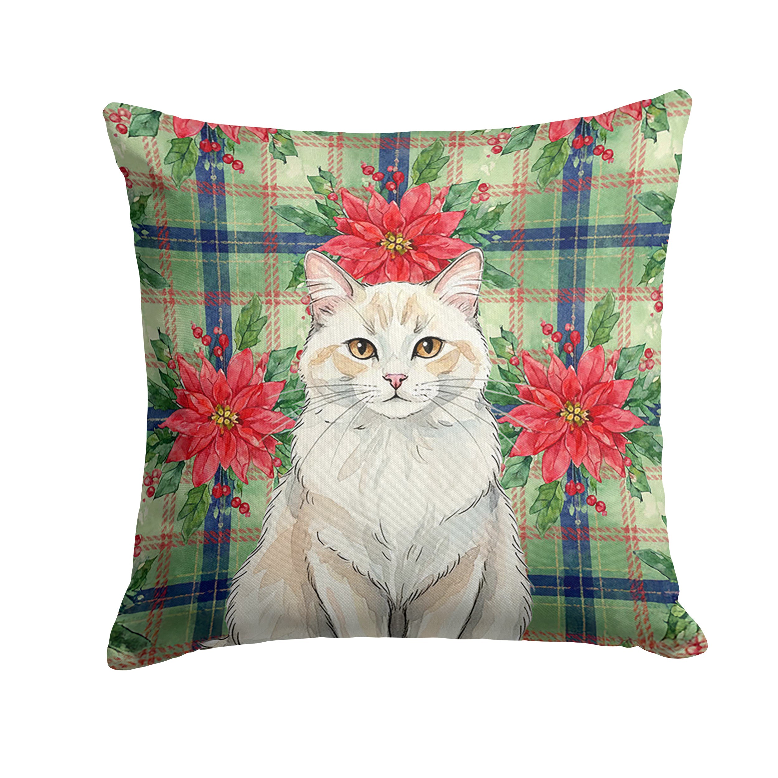 Cream and White Cat with Poinsettias Decorative Throw Pillow 18x18 Indoor Outdoor Accent Cushion, Fabric Cover with Insert for Sofa, Bed, Porch & Living Room