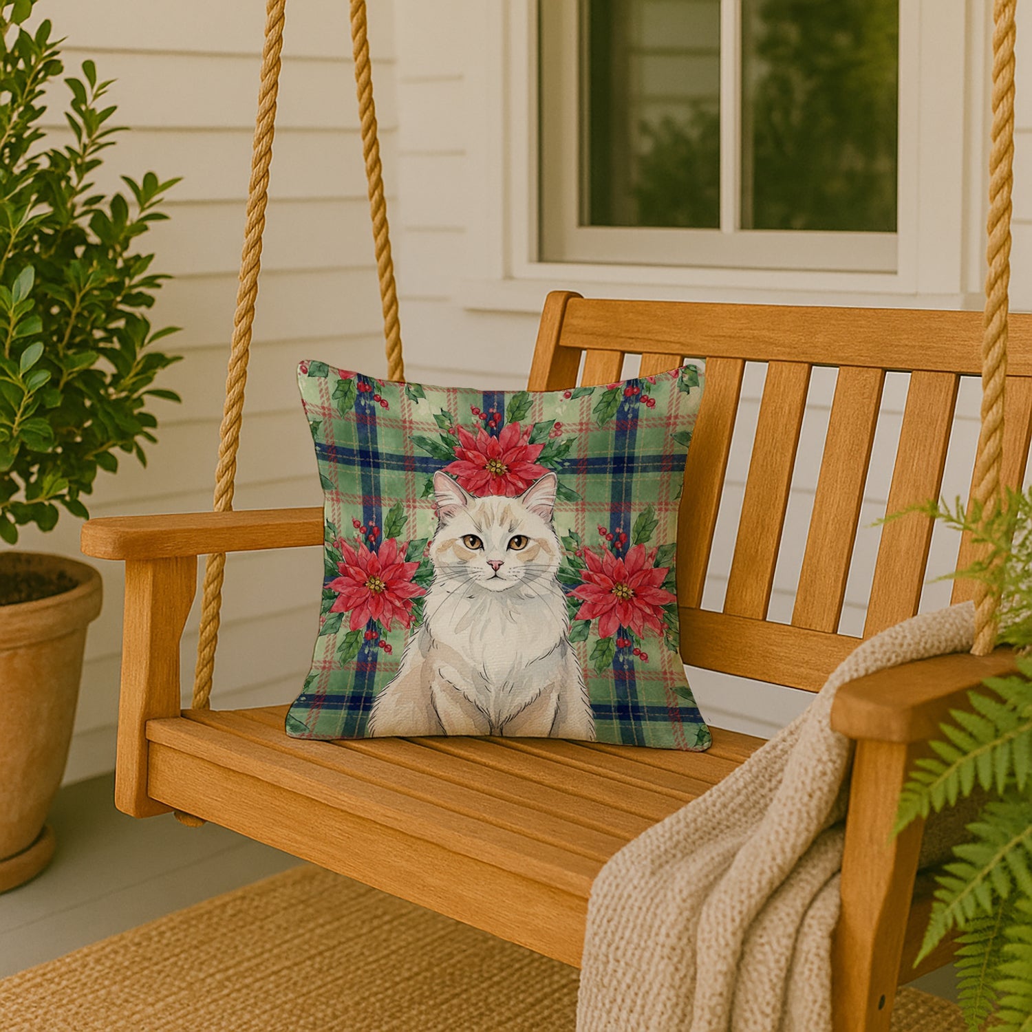 Cream and White Cat with Poinsettias Decorative Throw Pillow 18x18 Indoor Outdoor Accent Cushion, Fabric Cover with Insert for Sofa, Bed, Porch & Living Room