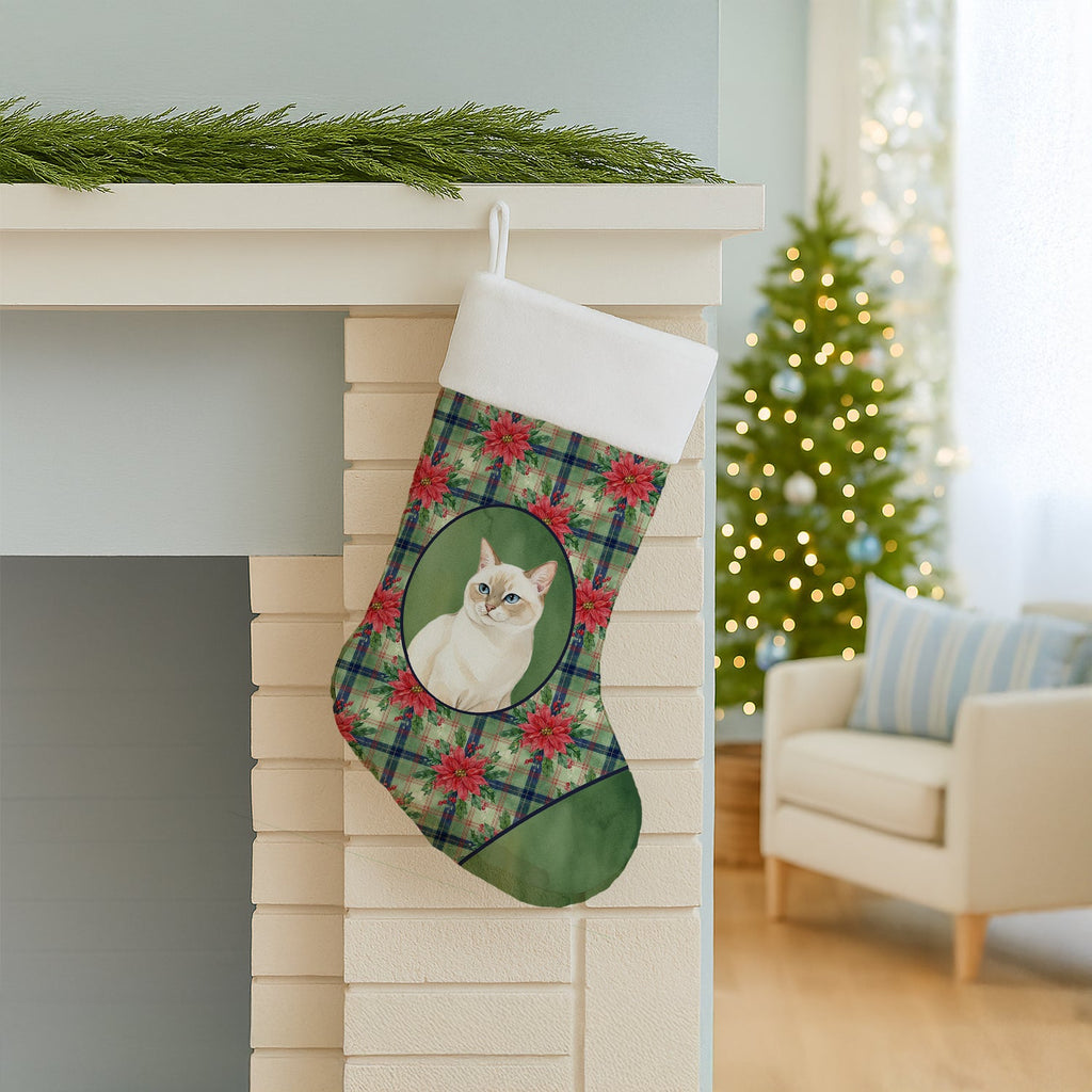 Cream Point Cat with Poinsettias Holiday Stocking Double-Sided Print, Polyester Suede,11x18, Made in USA