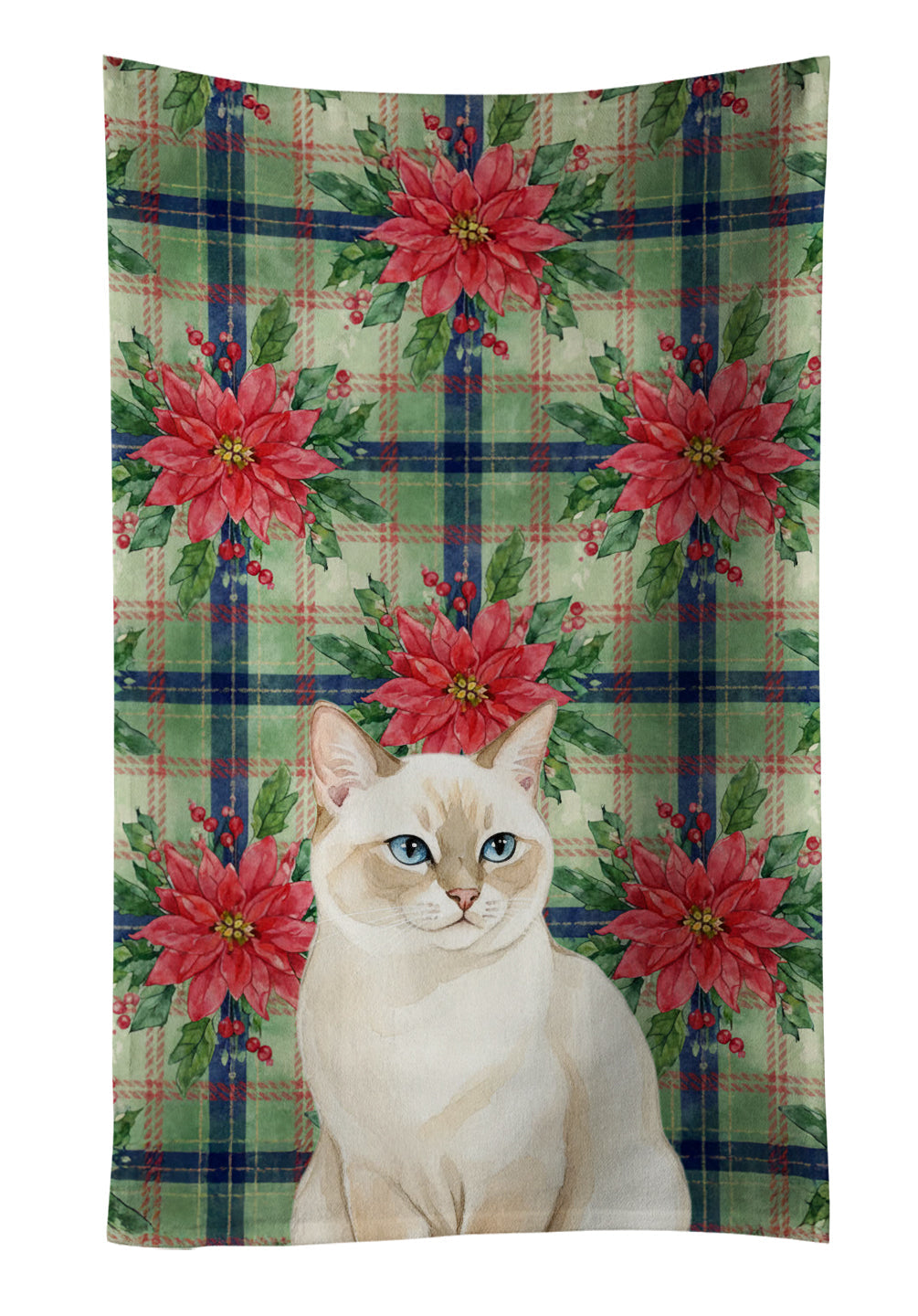 Cream Point Cat with Poinsettias Kitchen Towel Velour Plush Front and Cotton Loop Back Machine Washable