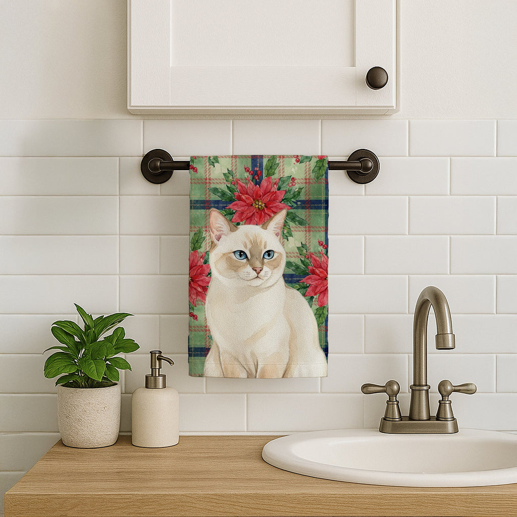 Cream Point Cat with Poinsettias Kitchen Towel Velour Plush Front and Cotton Loop Back Machine Washable