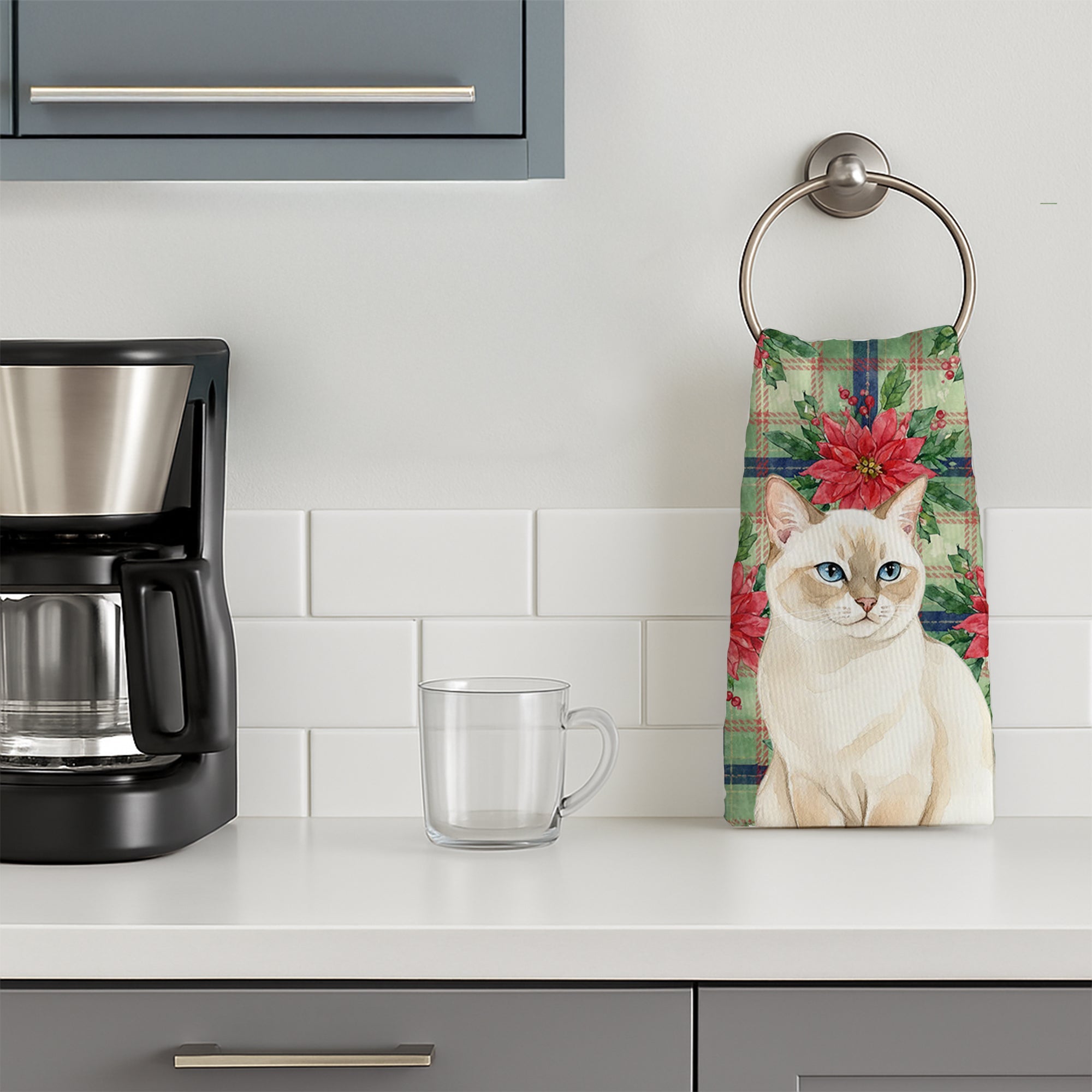 Cream Point Cat with Poinsettias Kitchen Towel Velour Plush Front and Cotton Loop Back Machine Washable