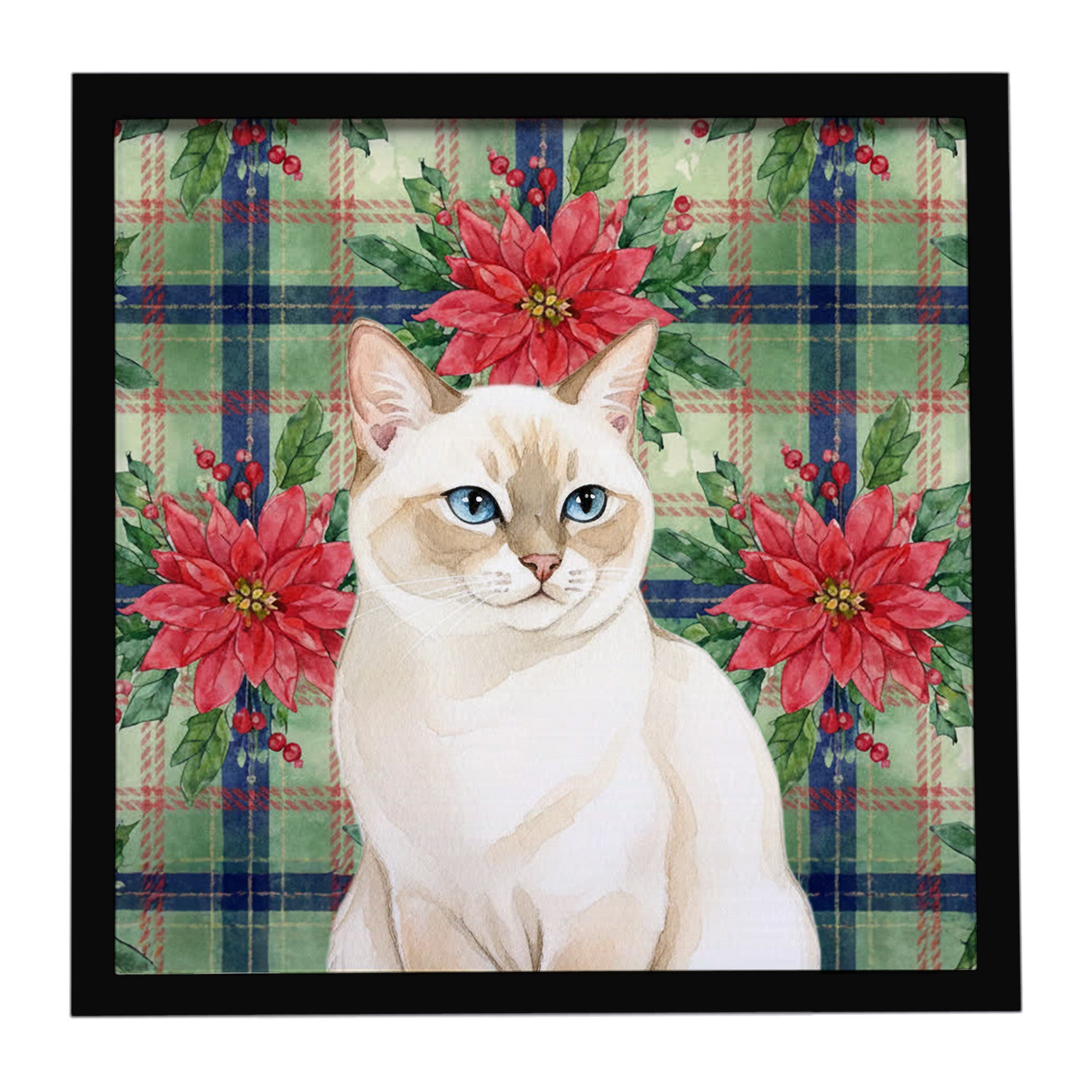 Cream Point Cat with Poinsettias Framed Metal Print Bathroom, Kitchen, Office, Home Decor Wall Art Ready to Hang, Square, 8X8