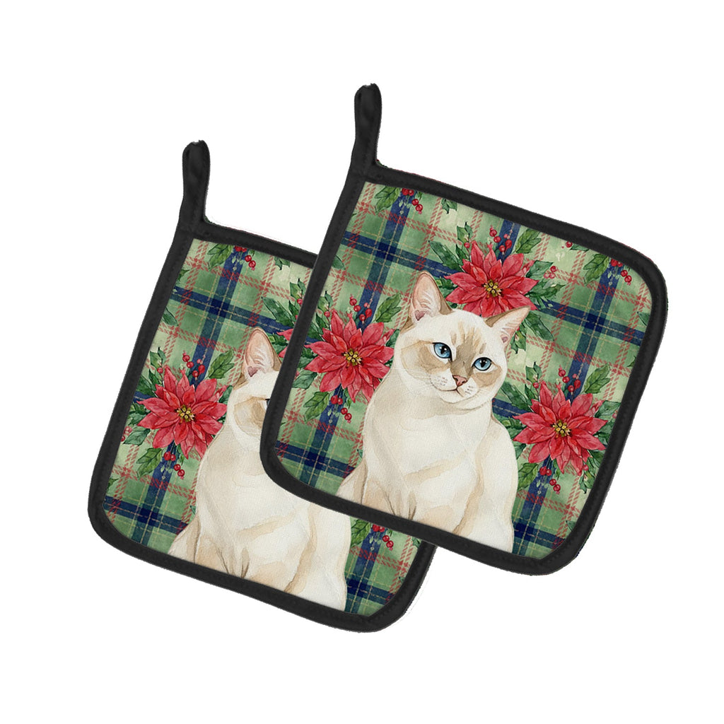 Cream Point Cat with Poinsettias Pot Holder Set of 2 Heat Resistant Quilted Hot Pads 7.5 x 7.5 Inch, Insulated Kitchen Trivets for Cooking & Baking