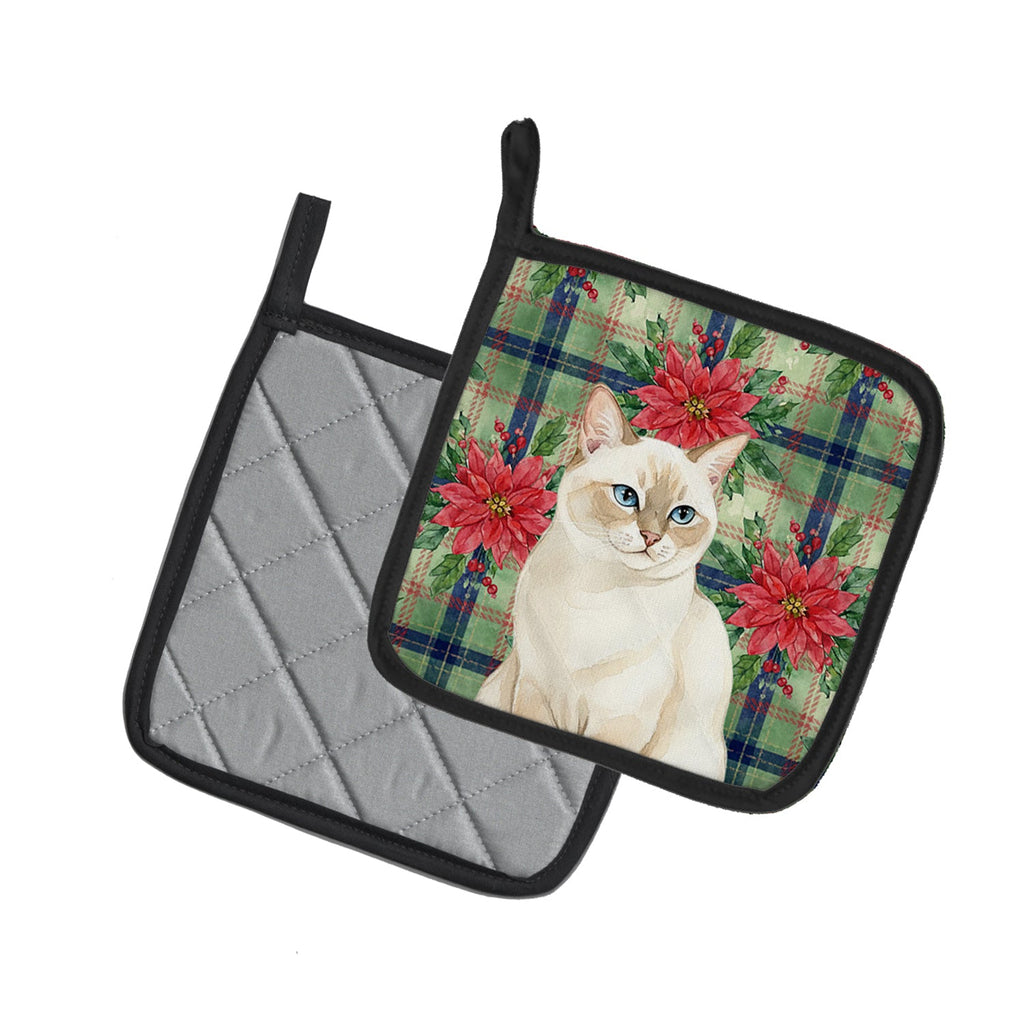 Cream Point Cat with Poinsettias Pot Holder Set of 2 Heat Resistant Quilted Hot Pads 7.5 x 7.5 Inch, Insulated Kitchen Trivets for Cooking & Baking