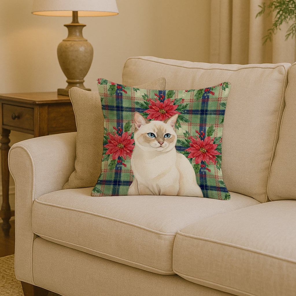 Cream Point Cat with Poinsettias Decorative Throw Pillow 14x14 Indoor Outdoor Accent Cushion, Fabric Cover with Insert for Sofa, Bed, Porch & Living Room