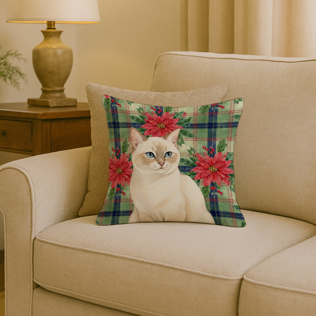Cream Point Cat with Poinsettias Decorative Throw Pillow 18x18 Indoor Outdoor Accent Cushion, Fabric Cover with Insert for Sofa, Bed, Porch & Living Room