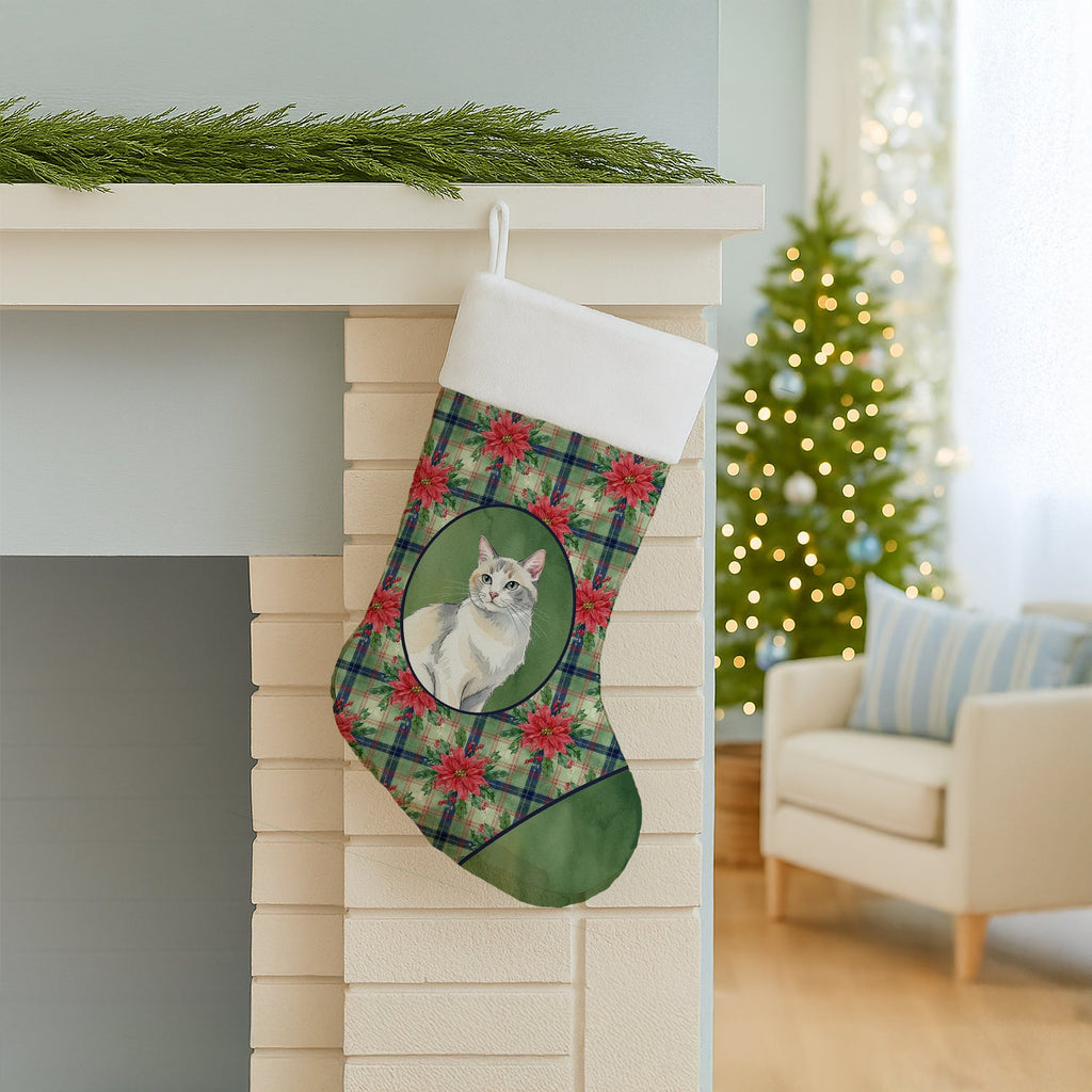 Dilute Calico Cat with Poinsettias Holiday Stocking Double-Sided Print, Polyester Suede,11x18, Made in USA