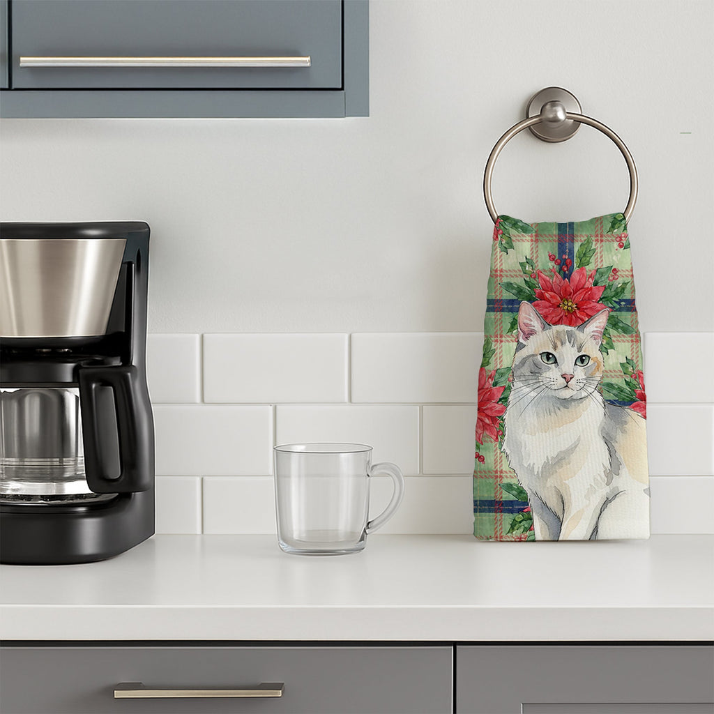 Dilute Calico Cat with Poinsettias Kitchen Towel Velour Plush Front and Cotton Loop Back Machine Washable