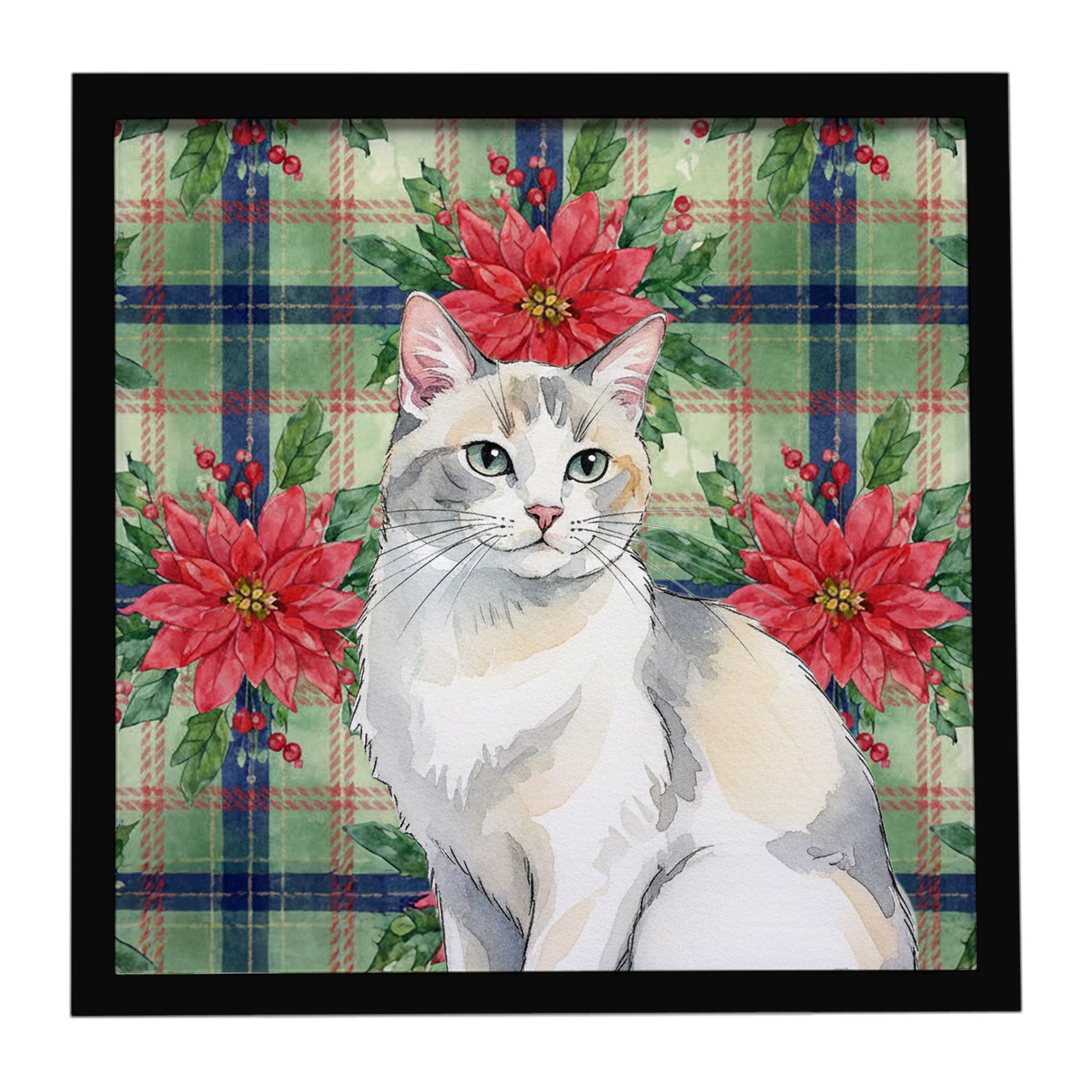 Dilute Calico Cat with Poinsettias Framed Metal Print Bathroom, Kitchen, Office, Home Decor Wall Art Ready to Hang, Square, 8X8