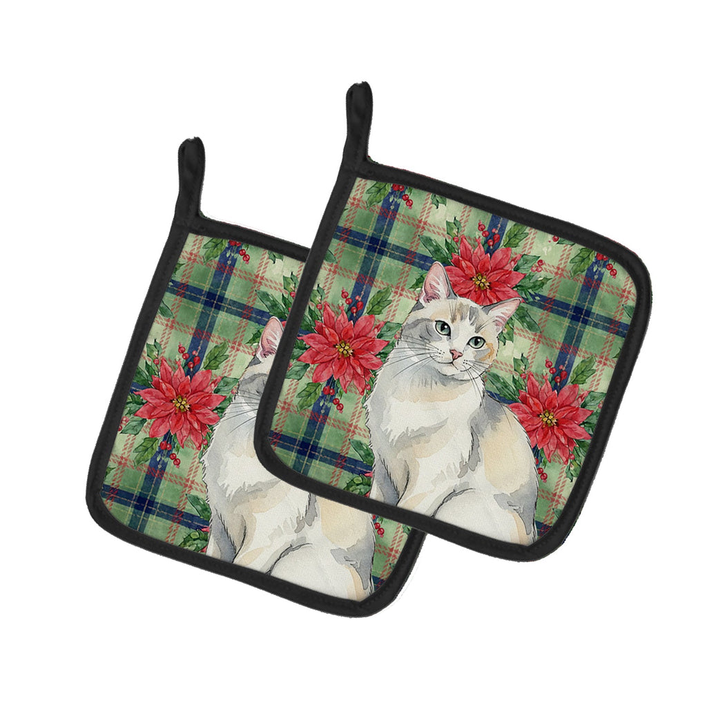 Dilute Calico Cat with Poinsettias Pot Holder Set of 2 Heat Resistant Quilted Hot Pads 7.5 x 7.5 Inch, Insulated Kitchen Trivets for Cooking & Baking