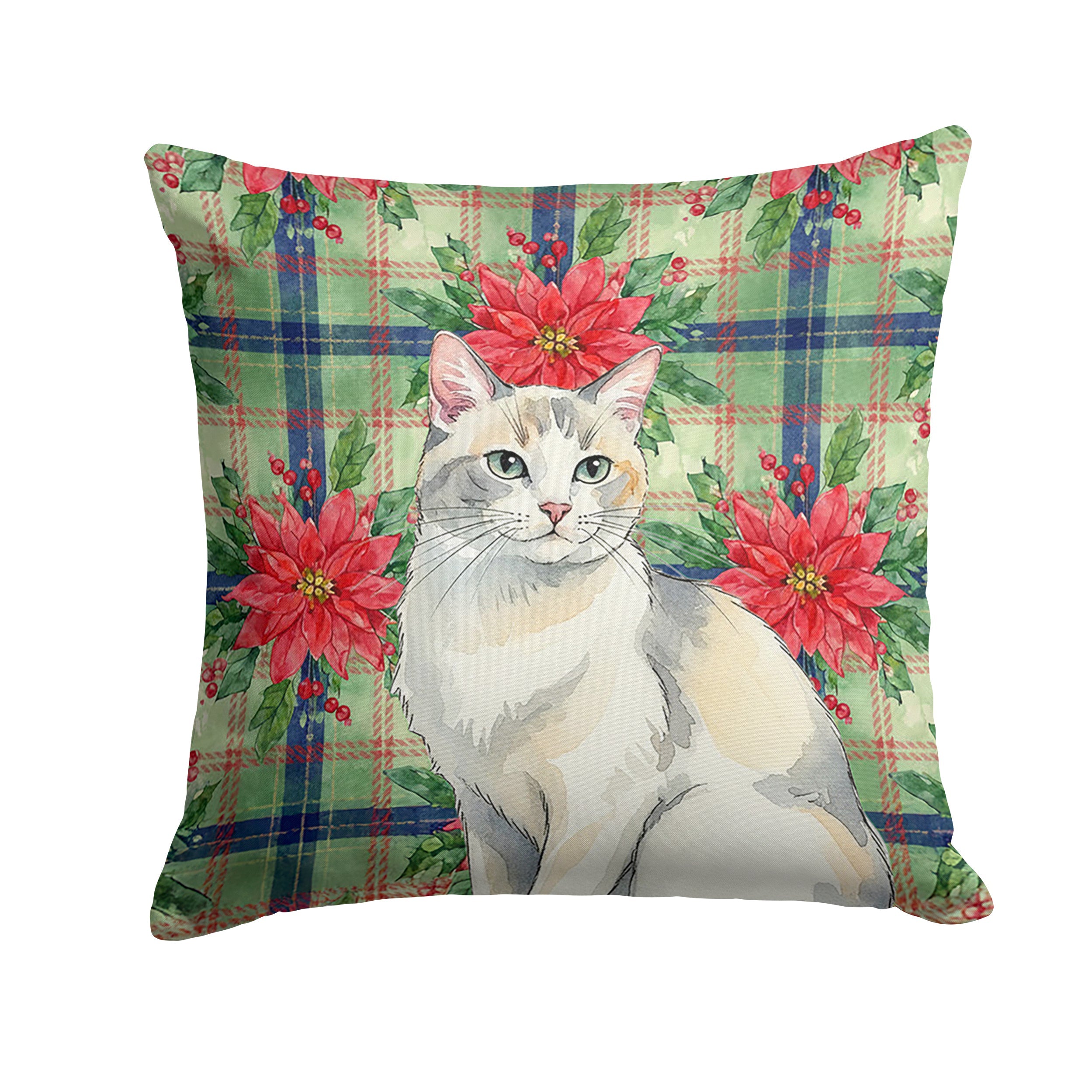 Dilute Calico Cat with Poinsettias Decorative Throw Pillow 14x14 Indoor Outdoor Accent Cushion, Fabric Cover with Insert for Sofa, Bed, Porch & Living Room