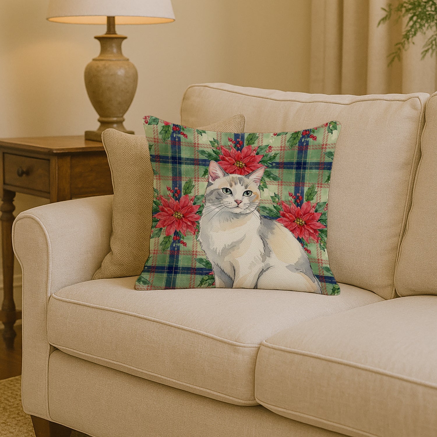 Dilute Calico Cat with Poinsettias Decorative Throw Pillow 14x14 Indoor Outdoor Accent Cushion, Fabric Cover with Insert for Sofa, Bed, Porch & Living Room