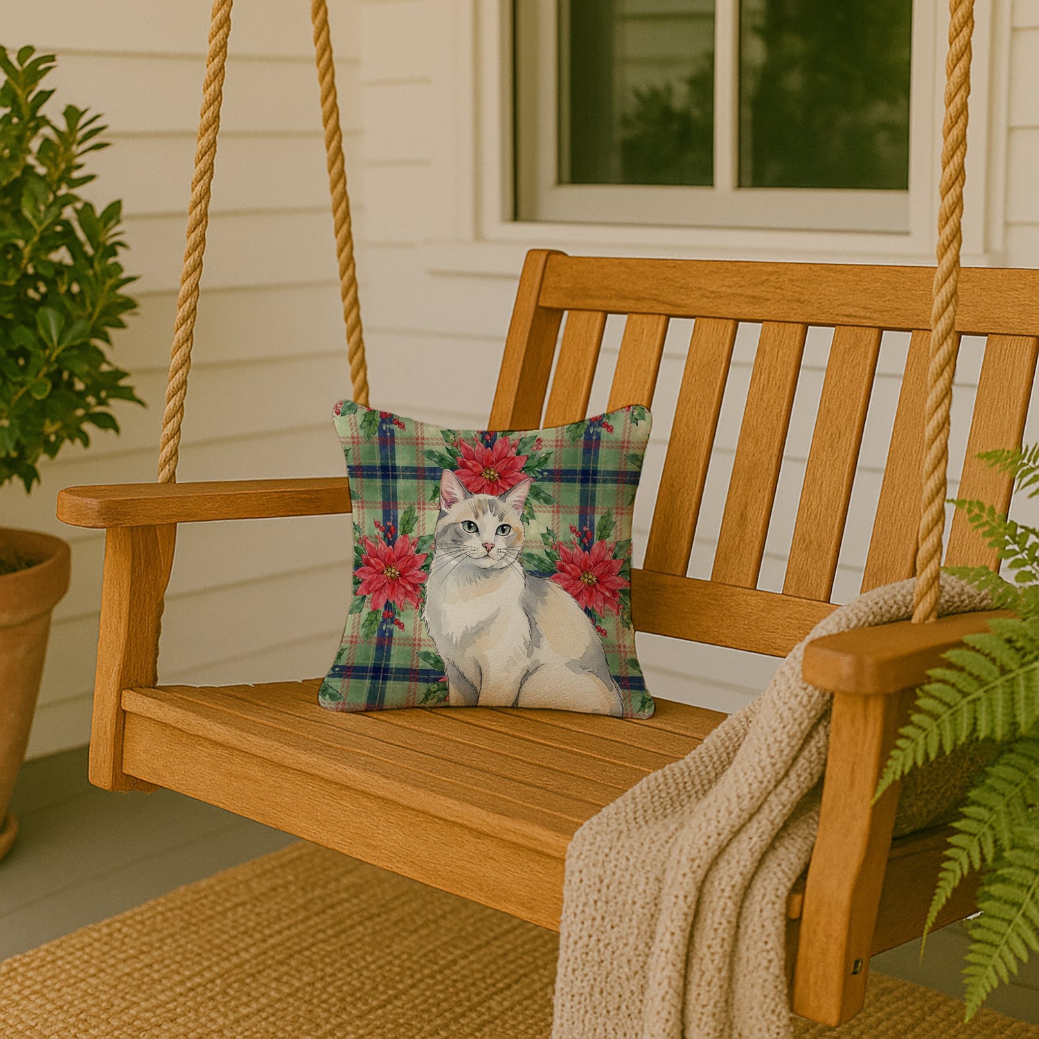 Dilute Calico Cat with Poinsettias Decorative Throw Pillow 14x14 Indoor Outdoor Accent Cushion, Fabric Cover with Insert for Sofa, Bed, Porch & Living Room