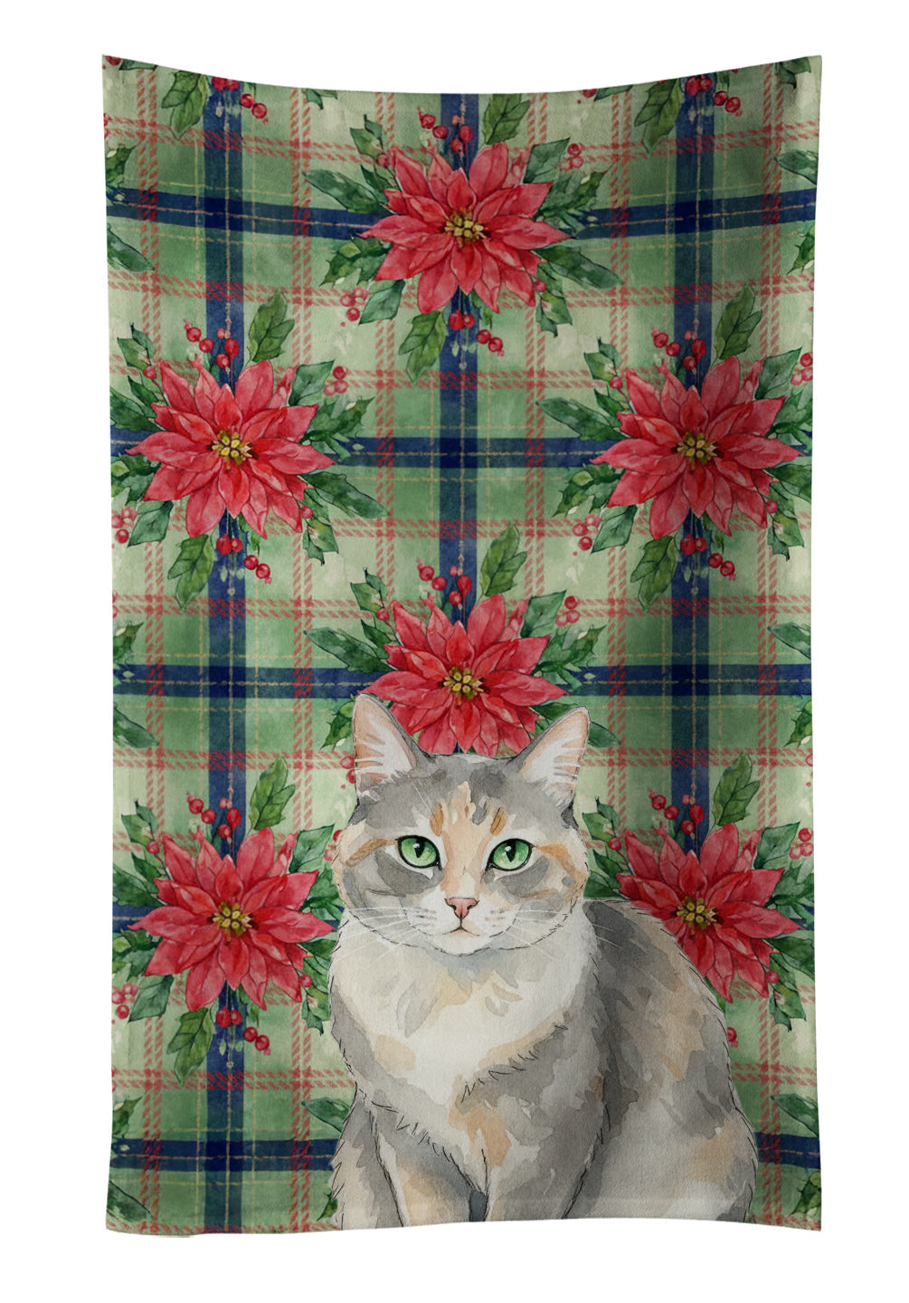 Dilute Tortoiseshell Cat with Poinsettias Kitchen Towel Velour Plush Front and Cotton Loop Back Machine Washable