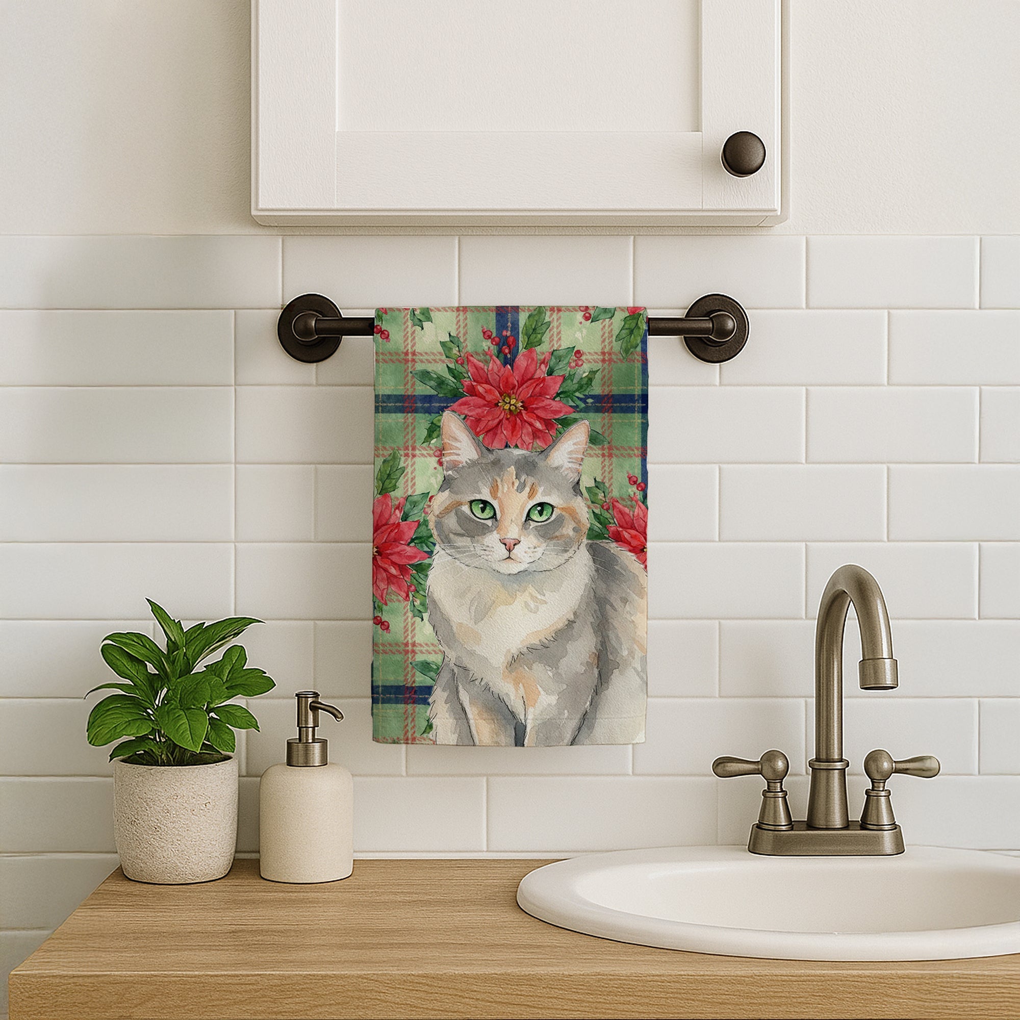 Dilute Tortoiseshell Cat with Poinsettias Kitchen Towel Velour Plush Front and Cotton Loop Back Machine Washable