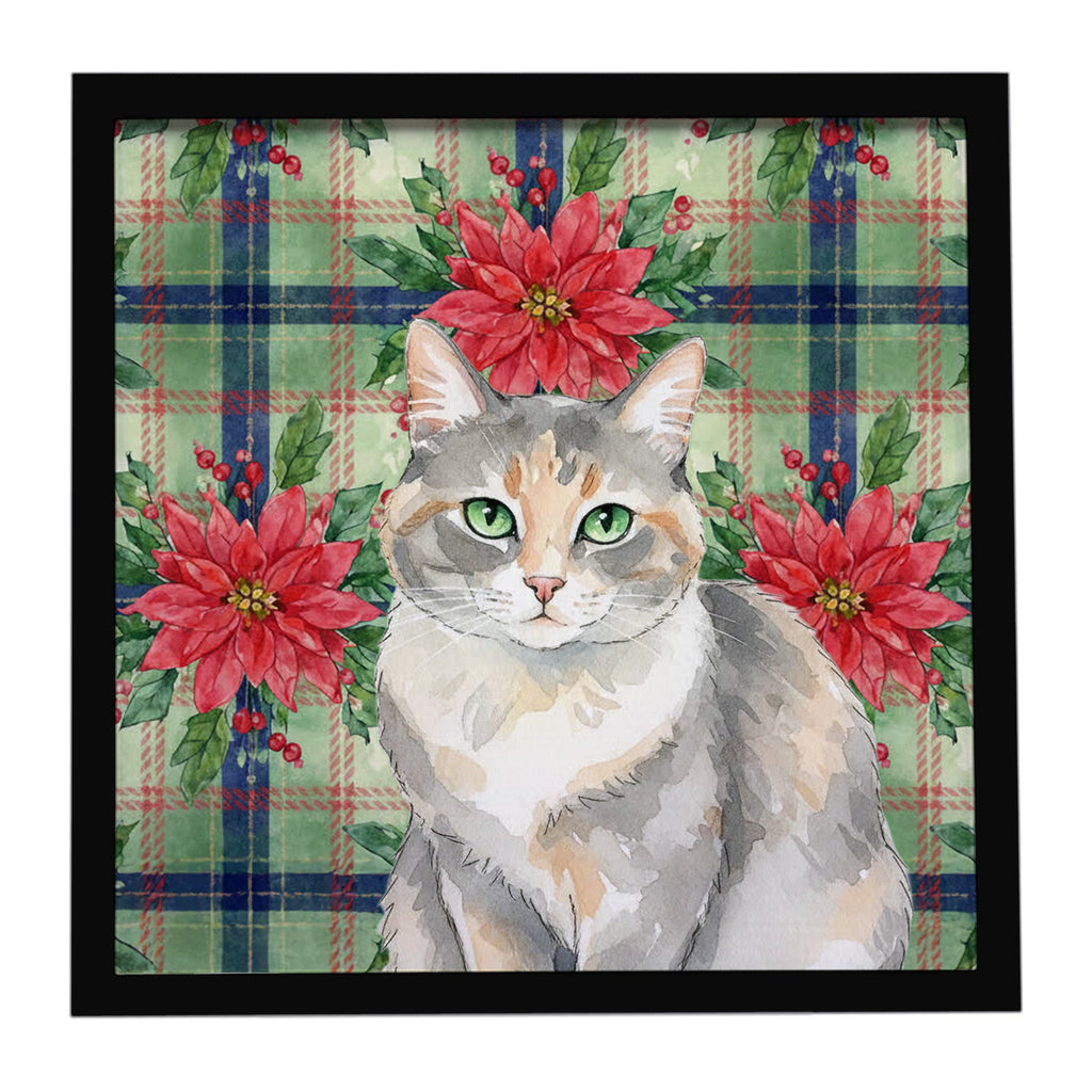 Dilute Tortoiseshell Cat with Poinsettias Framed Metal Print Bathroom, Kitchen, Office, Home Decor Wall Art Ready to Hang, Square, 8X8